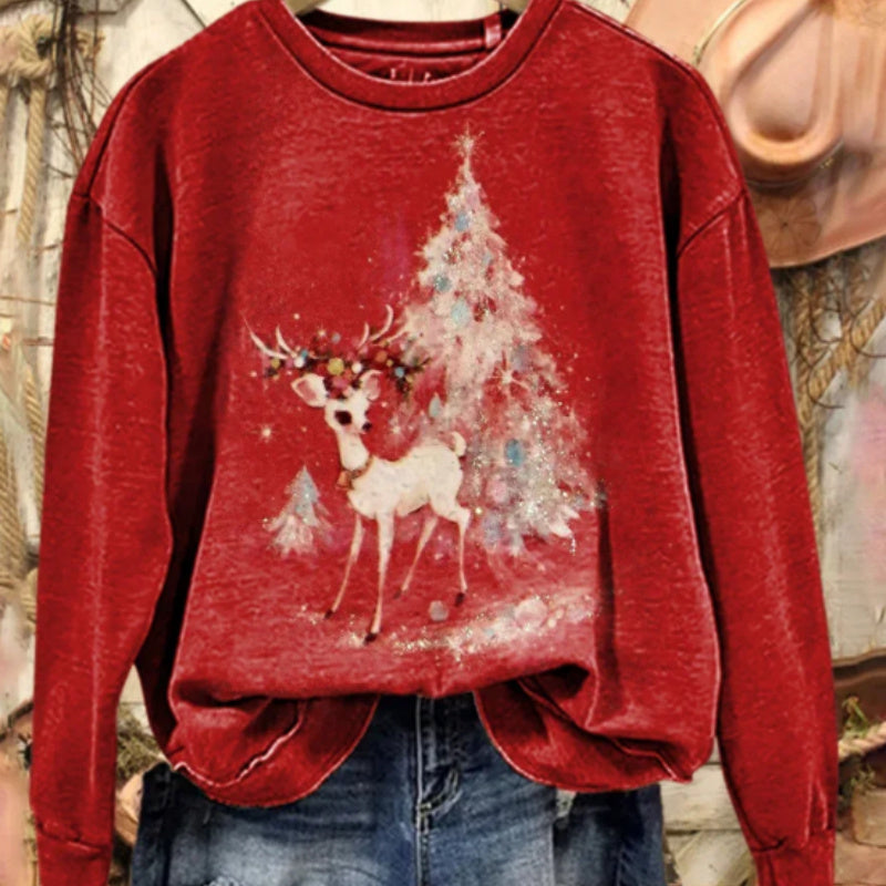 Vintage Christmas Tree Reindeer Print Casual Cotton Sweatshirt