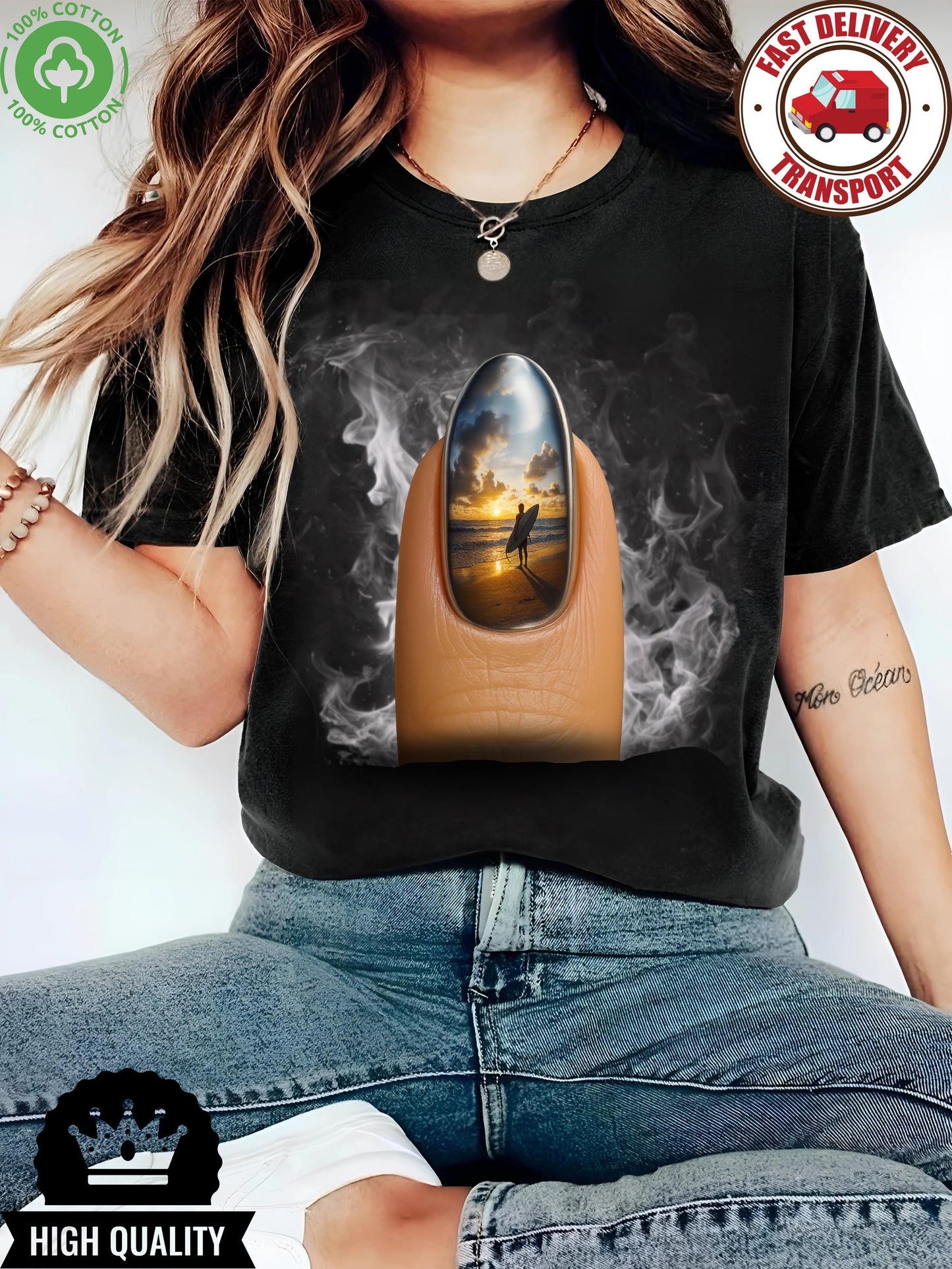 Surreal sunset surfer nail art graphic tee, beach art t-shirt for surf lovers, unisex summer shirt gift idea men women