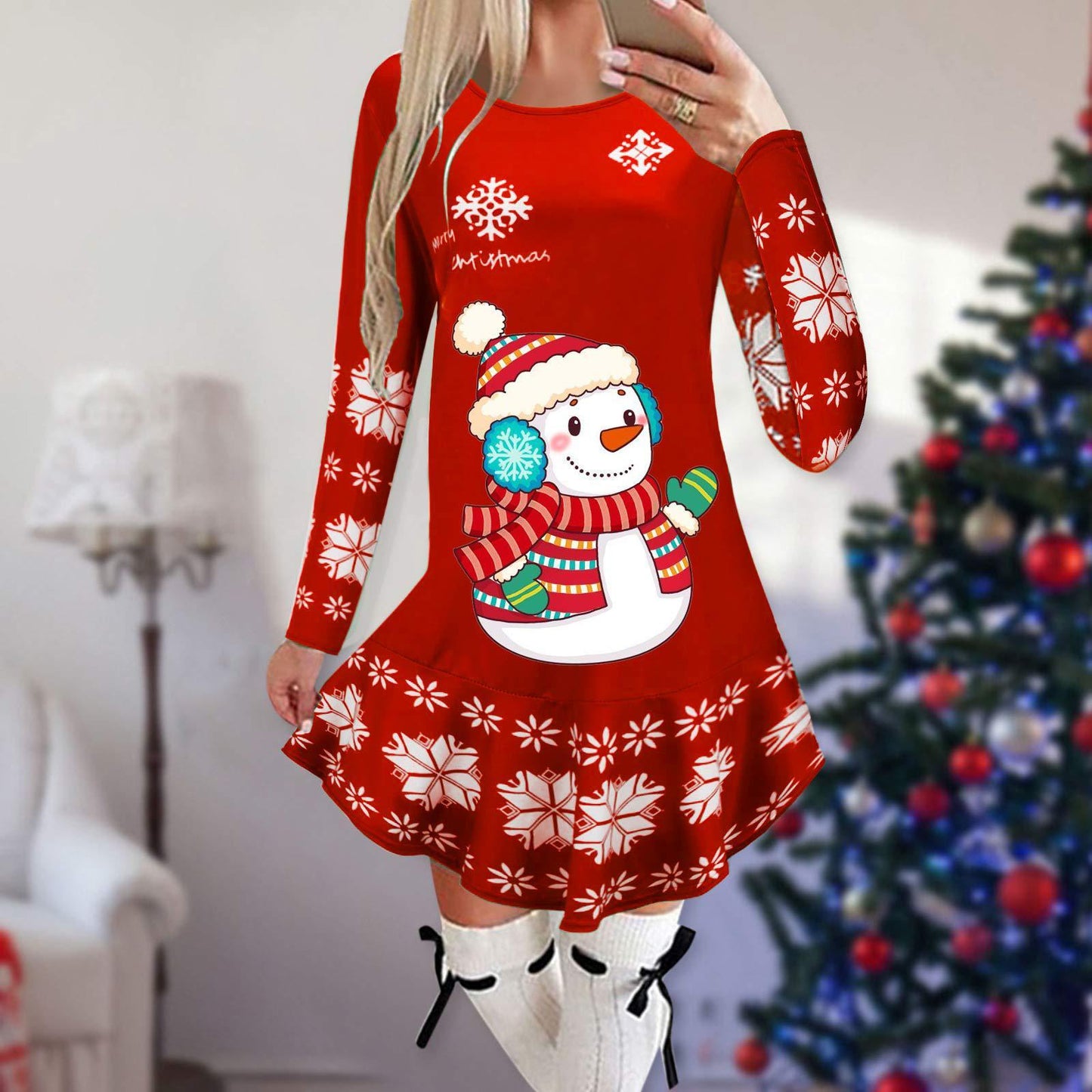 Christmas Snowflake Elk Printing Slimming Dress