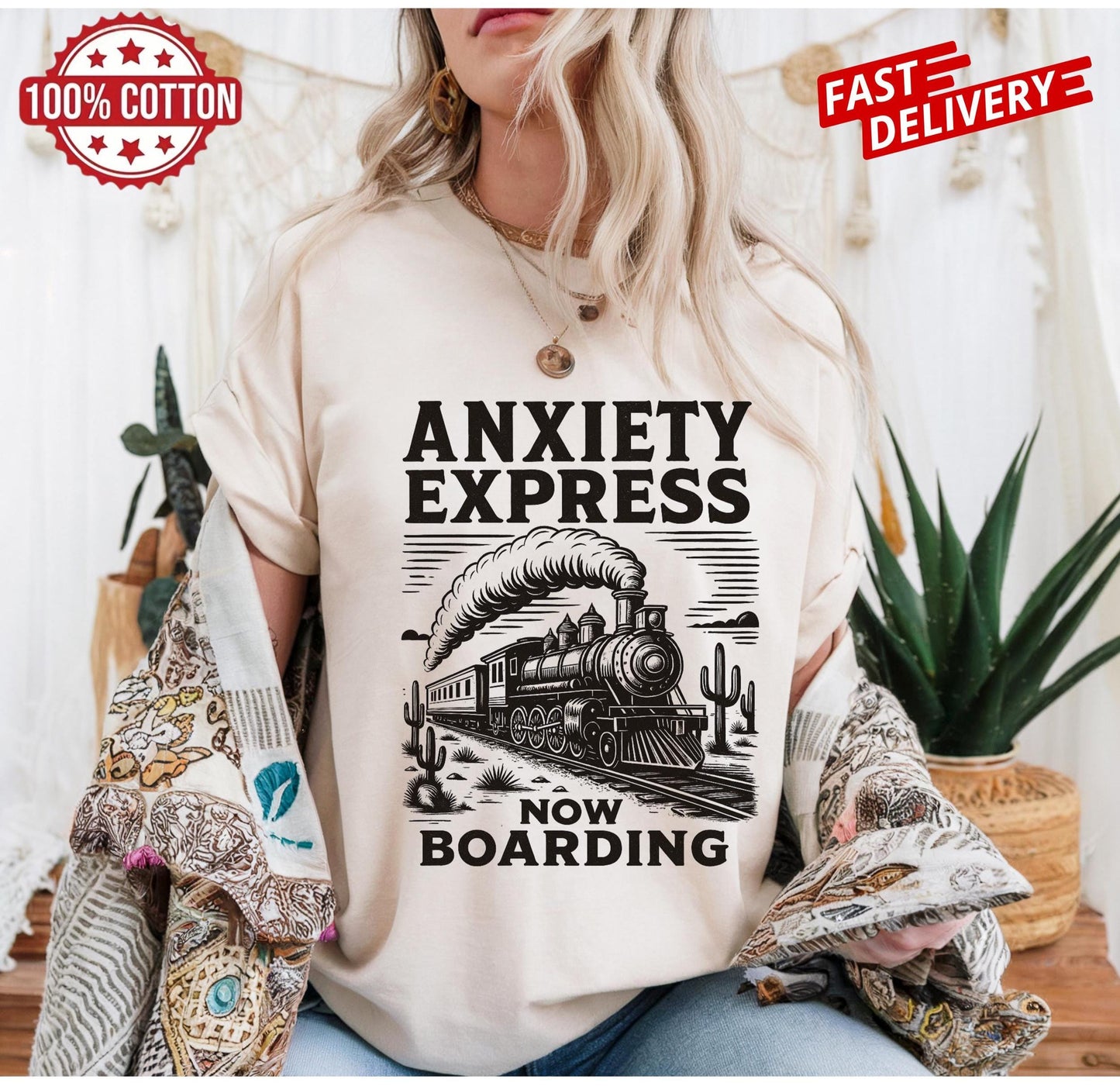 Anxiety Express sarcastic train tee, funny anxiety quote shirt, mental health humor gift, retro oversized unisex t-shirt