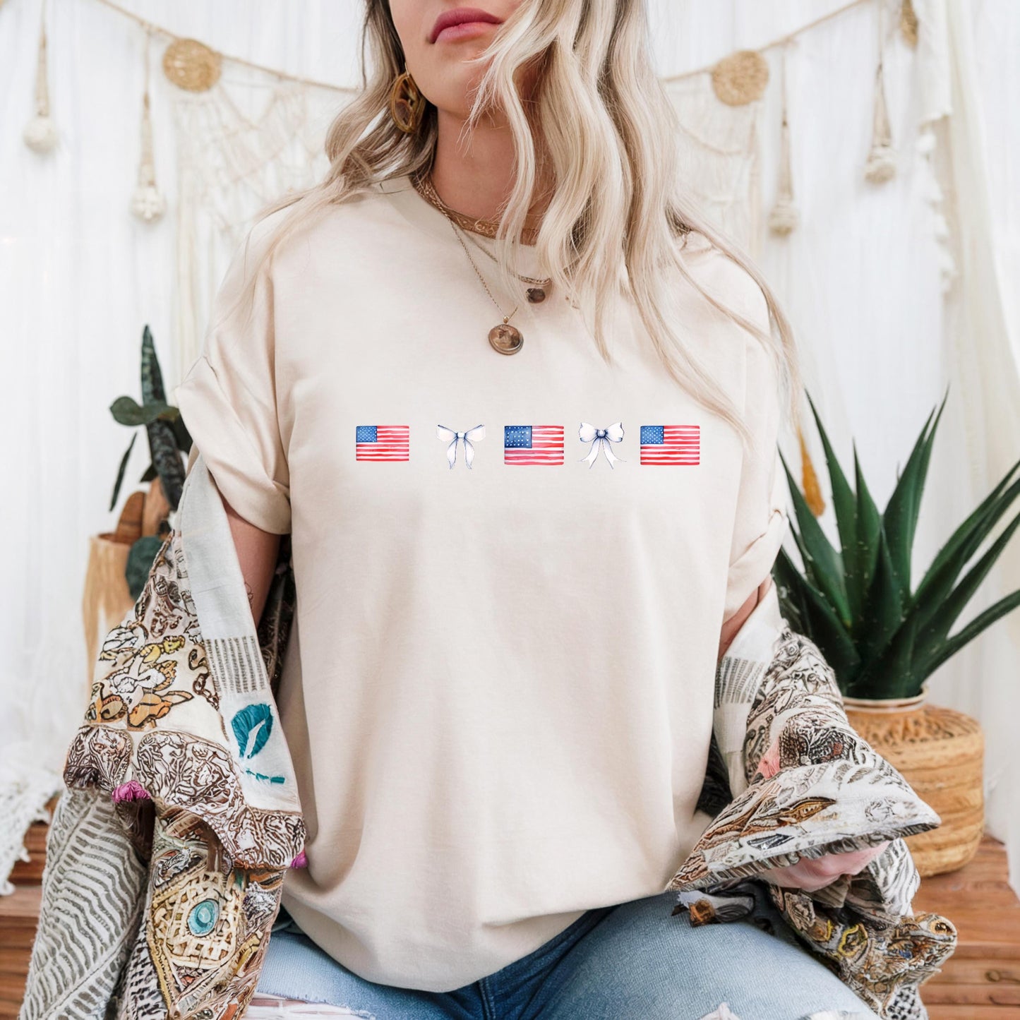 Unisex Cotton T-Shirt with Patriotic Bow Design | Perfect for 4th of July, Memorial Day, BBQs, Casual Wear, Gifts