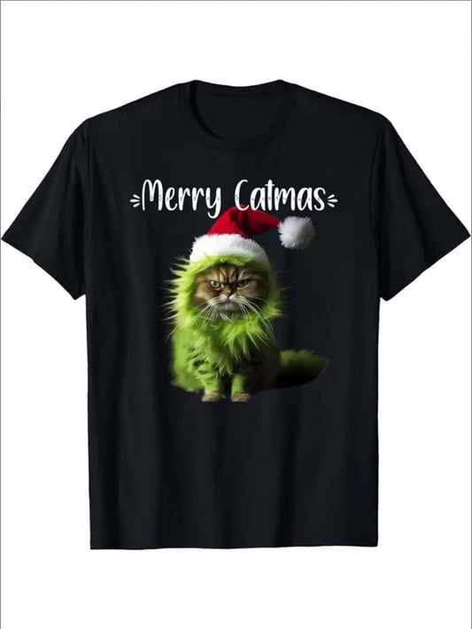 Merry Catmas - Funny Cat Christmas T-Shirt For Men Women, Unsex Soft Fabric, Breathable, Comfortable Black Short Sleeve Tees Perfect For Autumn, Must-have Fashionable Tee