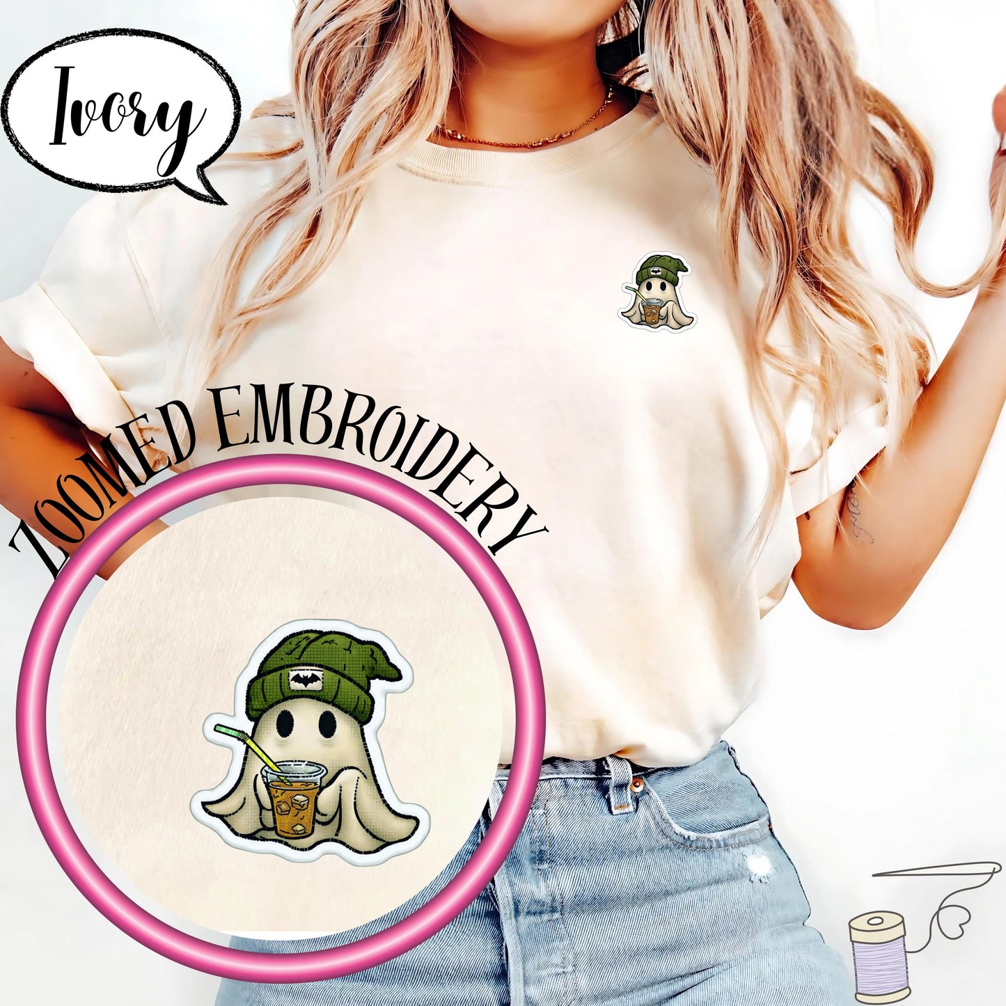 Comfort Colors® Embroidered Pocket Ghost Shirt, Cute Coffee Ghost T Shirt, Minimal Halloween Embroidery Top, Cozy Fall Spooky Season Tee