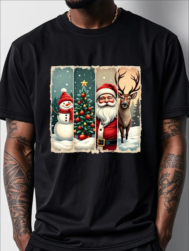 Men's Festive Christmas T-Shirt With Santa, Reindeer & Tree Design  Casual Round Neck Tee For Holiday Cheer