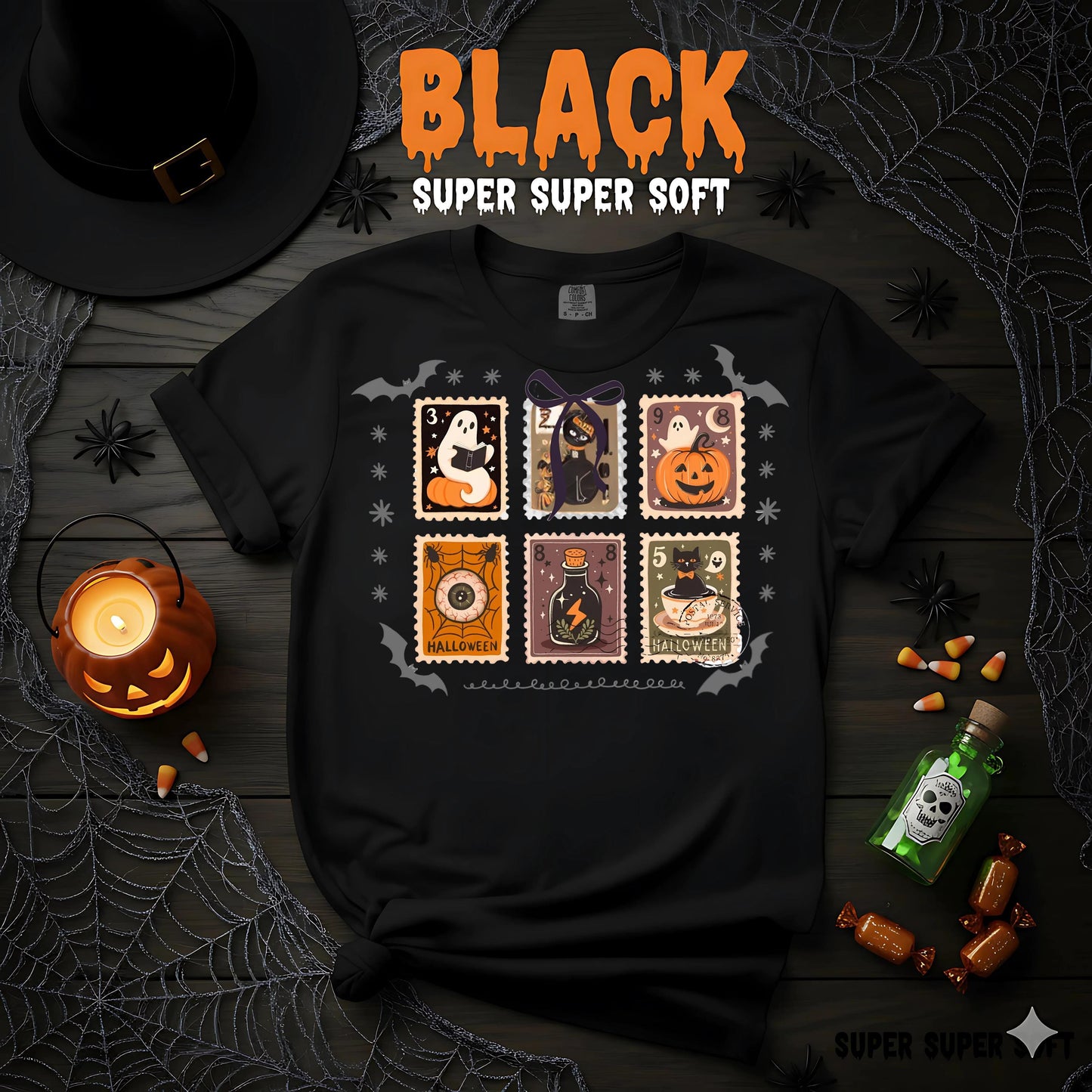 Halloween Stamps T Shirt Comfort Colors Espresso Super Soft Tee Ghost Pumpkin Witch Cat Potion Eye Graphic Unisex Spooky Season Gift