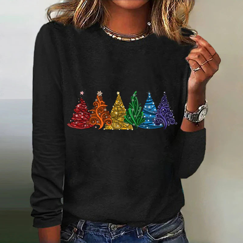 Women's Long-sleeved T-shirt Christmas Tree Printed Round Neck Loose Casual