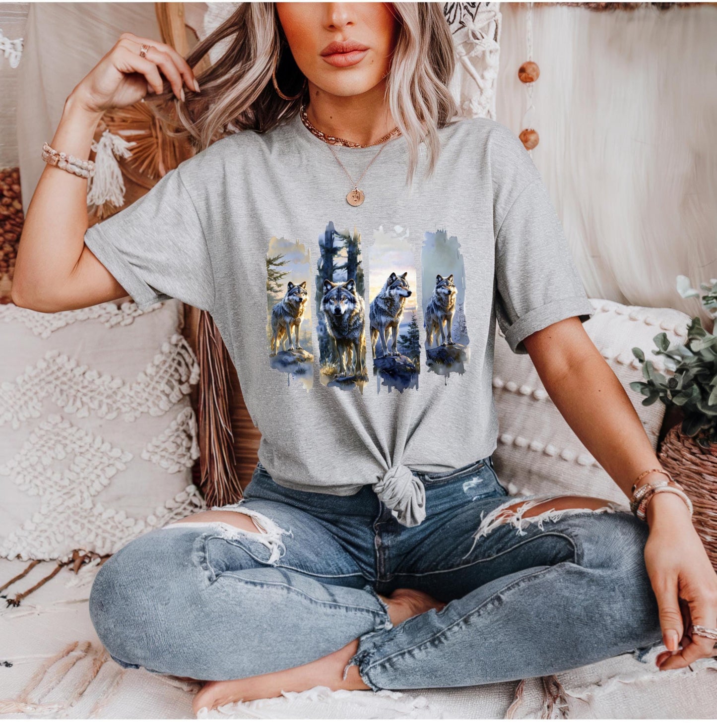 Majestic Wolf Pack Tee, Wolf Watercolor Unisex Heavy Cotton Tee, Graphic Tee for Nature Lovers, Gifts for Animal Lovers, Festival Wear