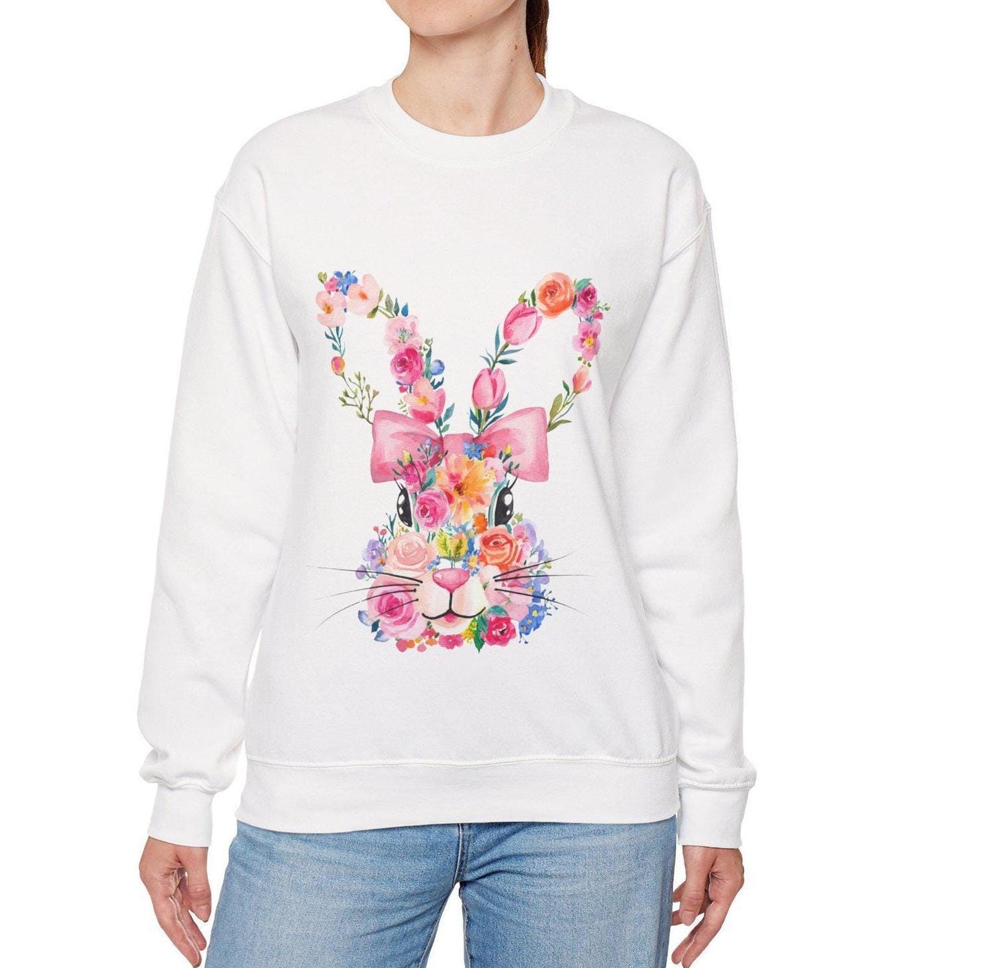 Floral Bunny Sweatshirt for Spring, Cute Easter Gift, Cozy Crewneck, Unisex Flower Sweatshirt, Casual Everyday Wear