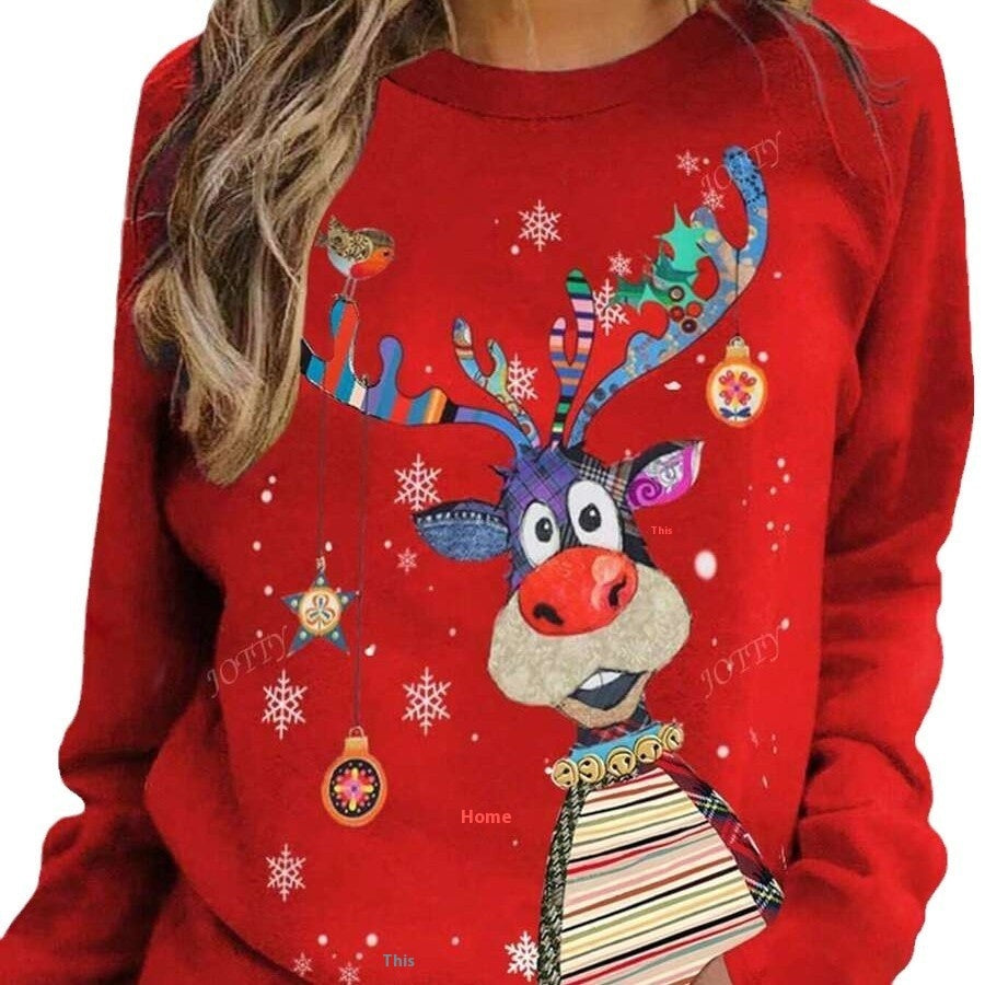 Christmas European And American Women Printed Crew Neck Sweatshirt