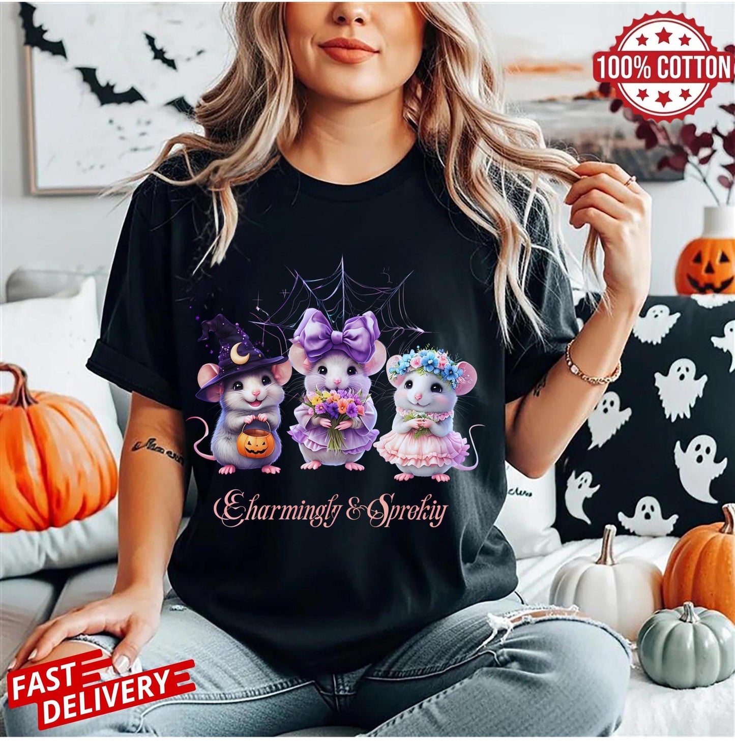 Cute Halloween Mouse Shirt for Women, Kawaii Spooky Season Tee,Fall Festival Graphic Top,Autumn Gift Idea, Witch Mouse Shirt