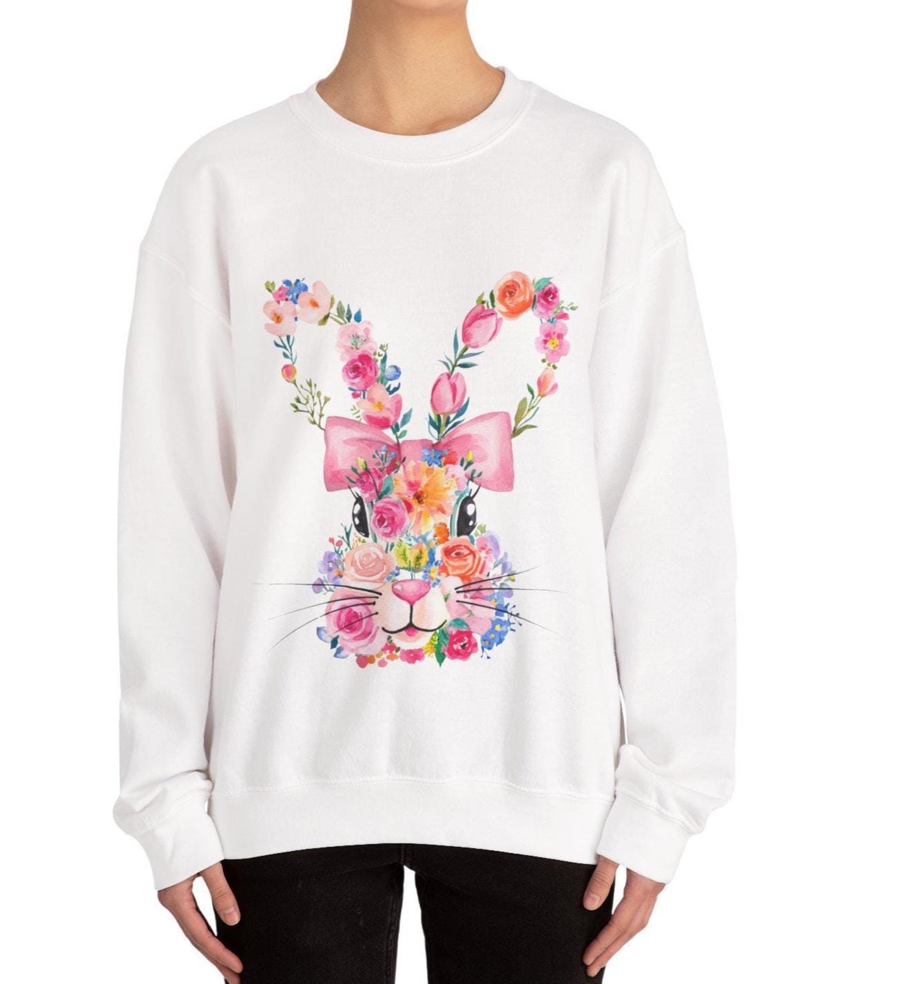 Floral Bunny Sweatshirt for Spring, Cute Easter Gift, Cozy Crewneck, Unisex Flower Sweatshirt, Casual Everyday Wear