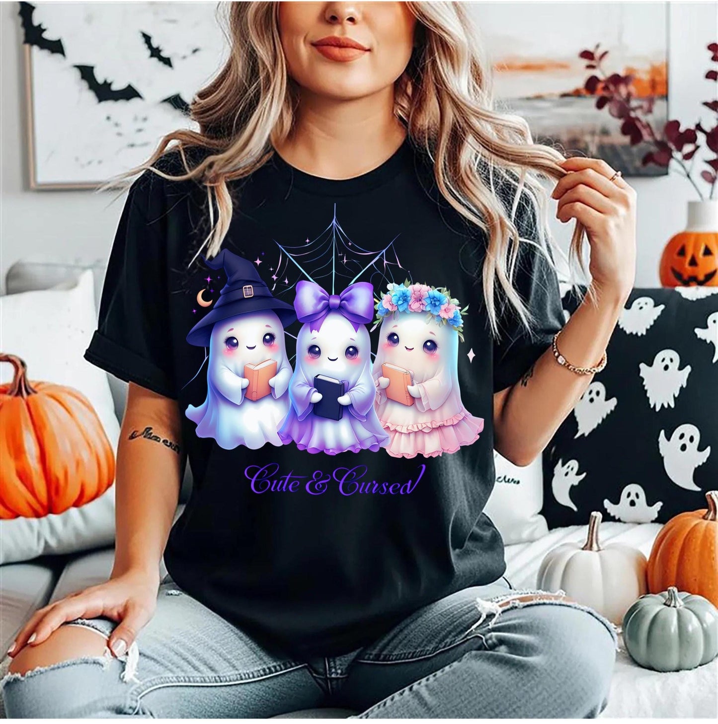 Cute & Cursed Ghost T-shirt - Fun Magical Halloween Apparel with Cute Ghosts - Unisex Spooky Ghost Shirt for All Ages