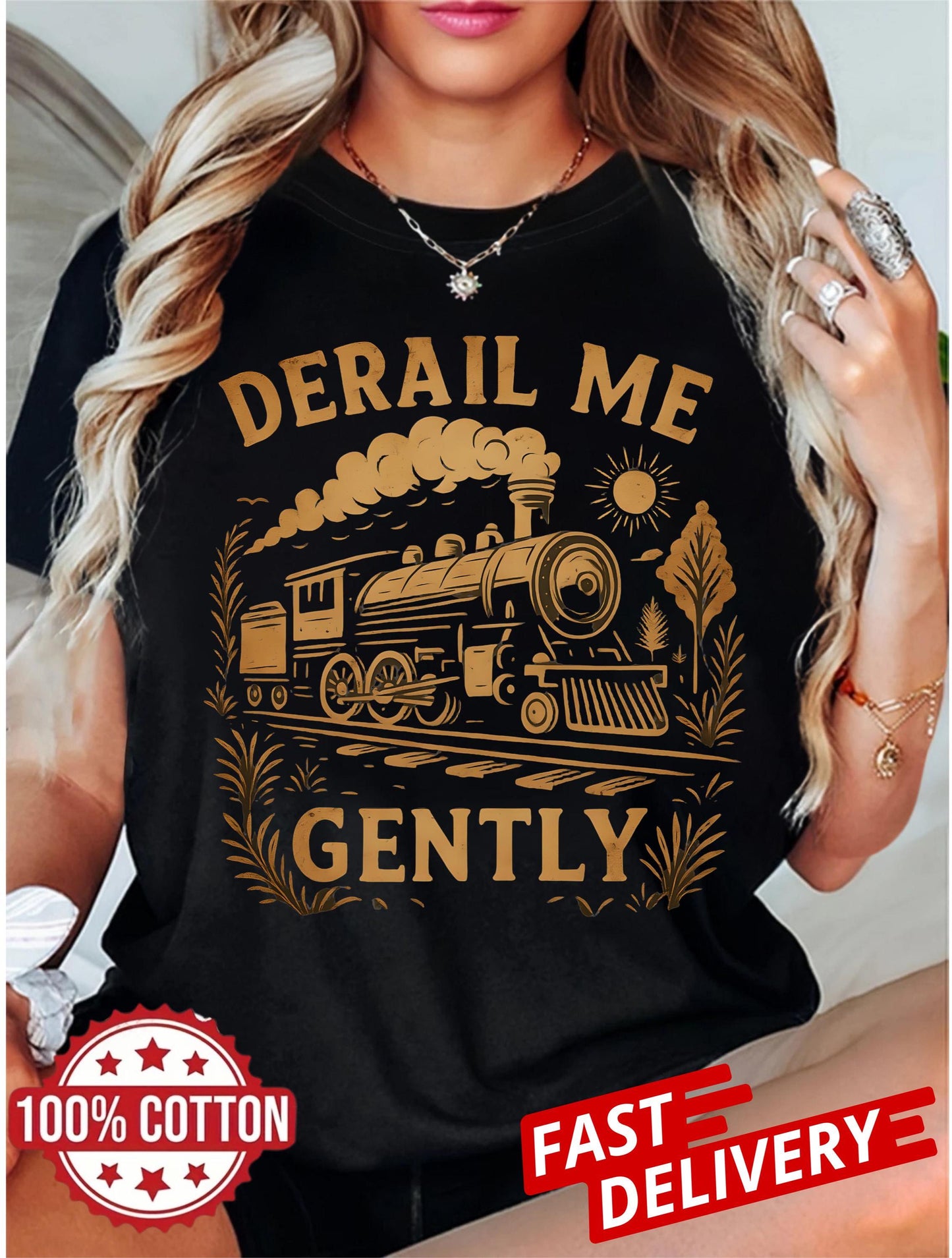 vintage derail me gently shirt with locomotive drawing, retro train art tee in unisex cut for adults who enjoy sarcastic fashion