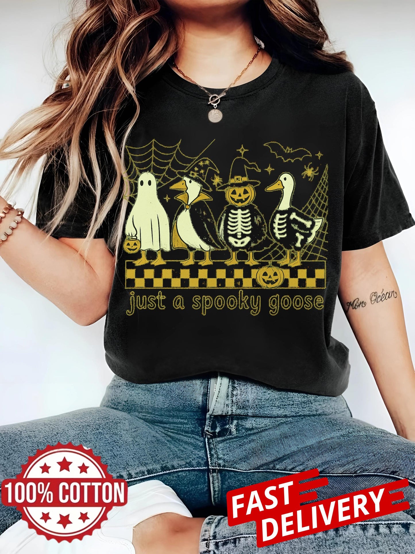 Cute Horror Shirt Spooky Goose Halloween Tee Just a Spooky Goose Shirt Funny Goose Skeleton Witch Pumpkin Ghost Fall Sublimation Tee