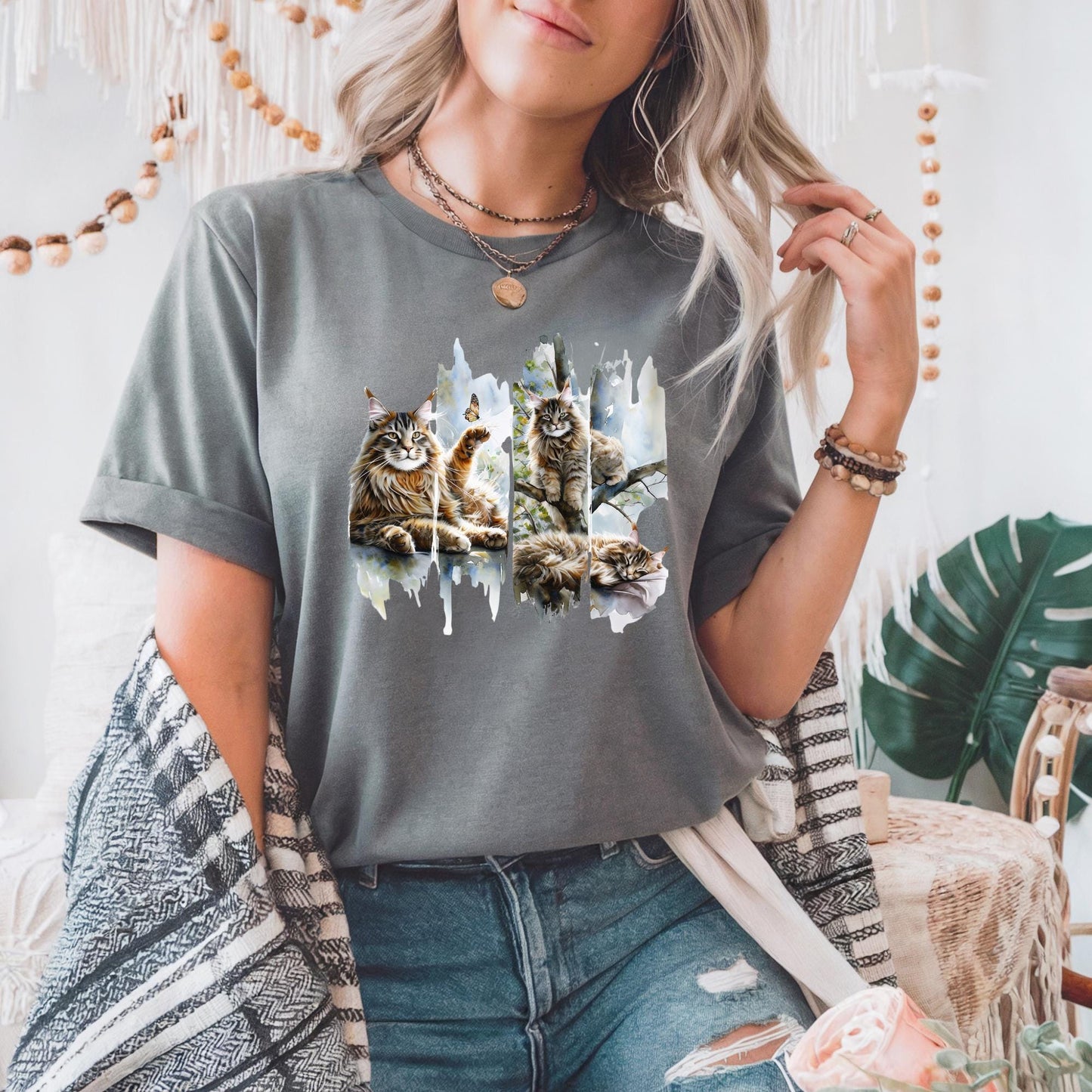 Majestic Maine Coon Cat Tee Whimsical Cat Art Heavy Cotton Tee Cat Lovers Gift Animal Print T Shirt Nature Art Tee Cozy Casual Wear