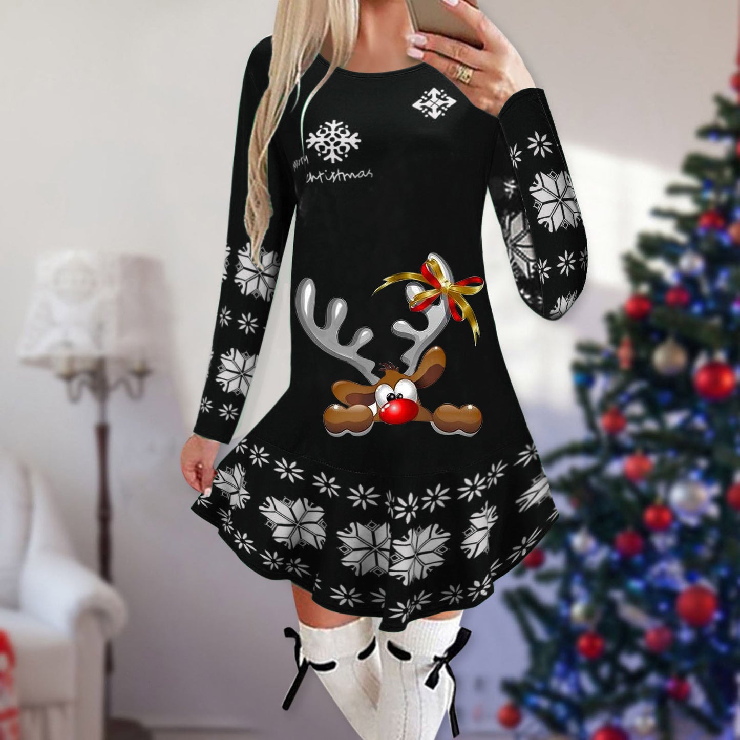 Christmas Snowflake Elk Printing Slimming Dress