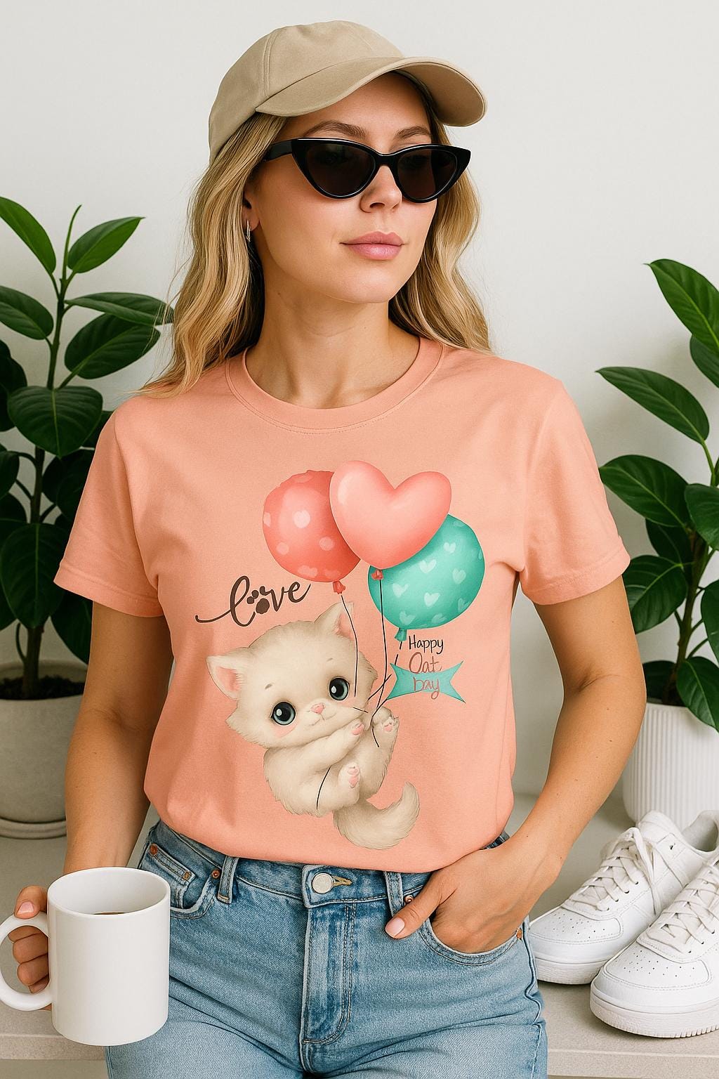 Cute Cat Balloon T Shirt Kawaii Cat Lover Gift Unisex Cotton Tee For Women And Men Pet Lovers Graphic Top Funny Kitty Birthday Party Outfit