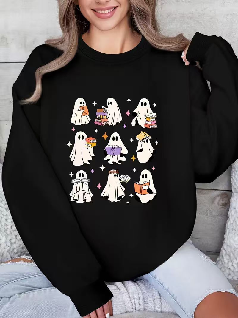 Halloween Three Six Nine Ghost Reading Theme Pattern Brushed Hoody