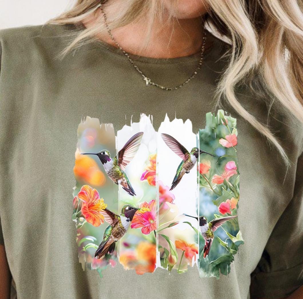 Floral Hummingbird T-Shirt, Nature Lover Tee, Gift for Gardeners, Spring Apparel, Eco-Friendly Style, Vibrant Bird Art T-Shirt