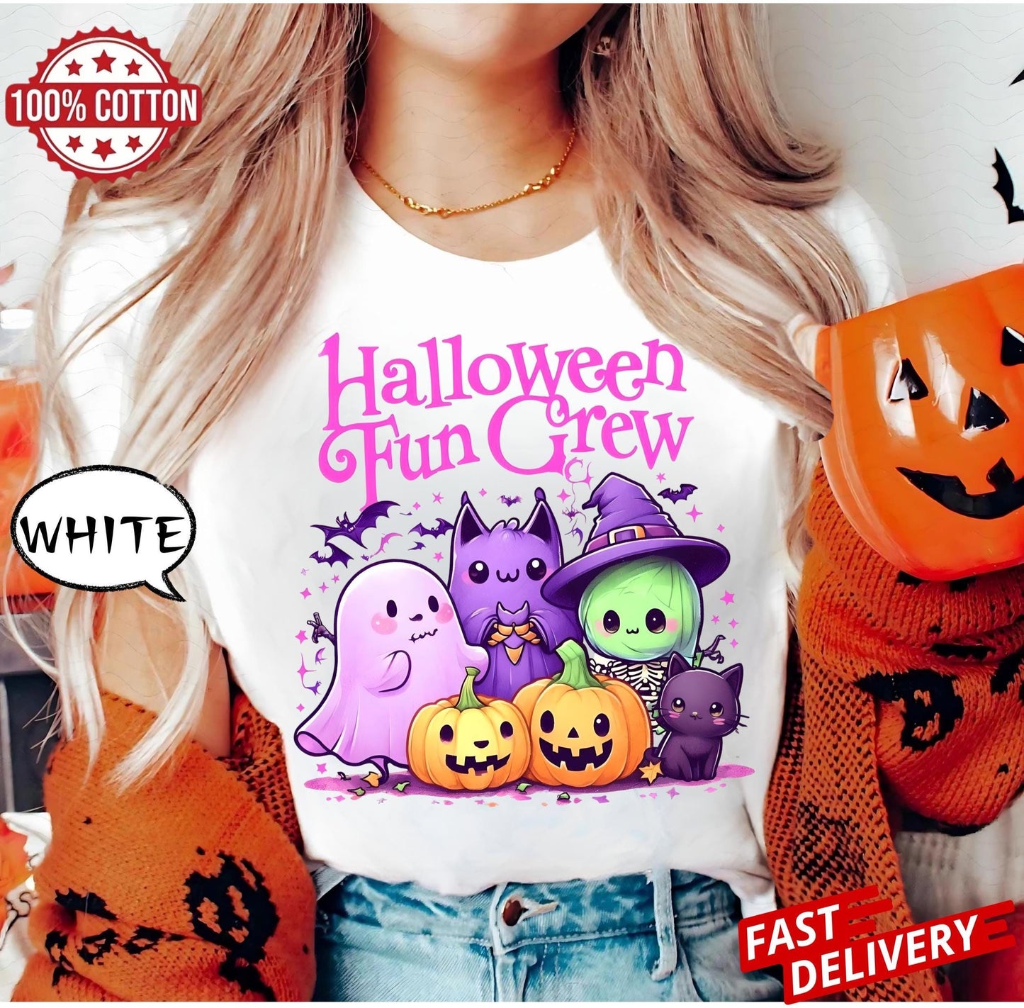 Comfort Colors Halloween Shirt,Cute Spooky Season Tee with Ghost Bat Witch Cat Pumpkins ,Kawaii Fall Graphic Top, Autumn Party Outfit