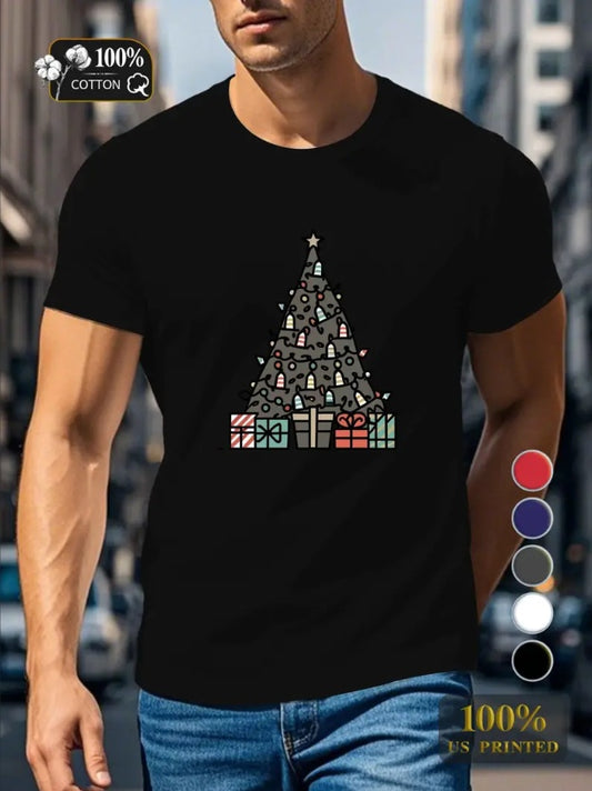 Men's Comfort Fit Christmas Cat Print T-Shirt , Casual Round Neck Tee, Machine Washable