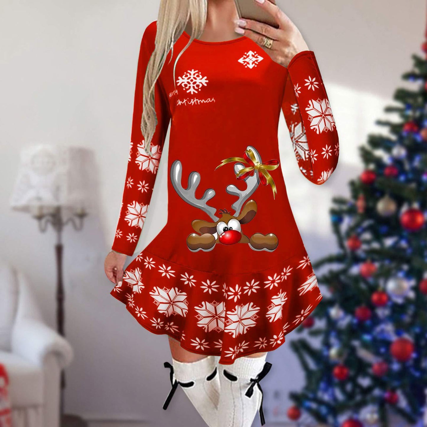 Christmas Snowflake Elk Printing Slimming Dress