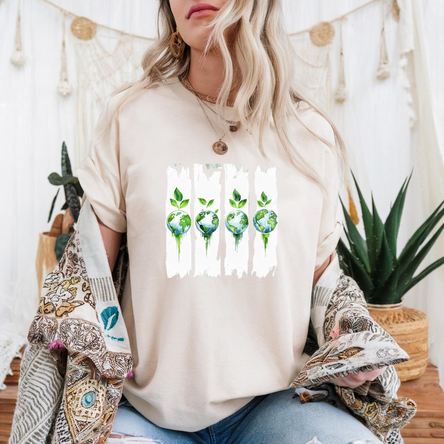 Eco-Friendly Earth & Green Leaves Graphic Tee: Sustainable Planet T-Shirt for Nature Lovers, Earth Day Gift, Eco-Conscious Apparel