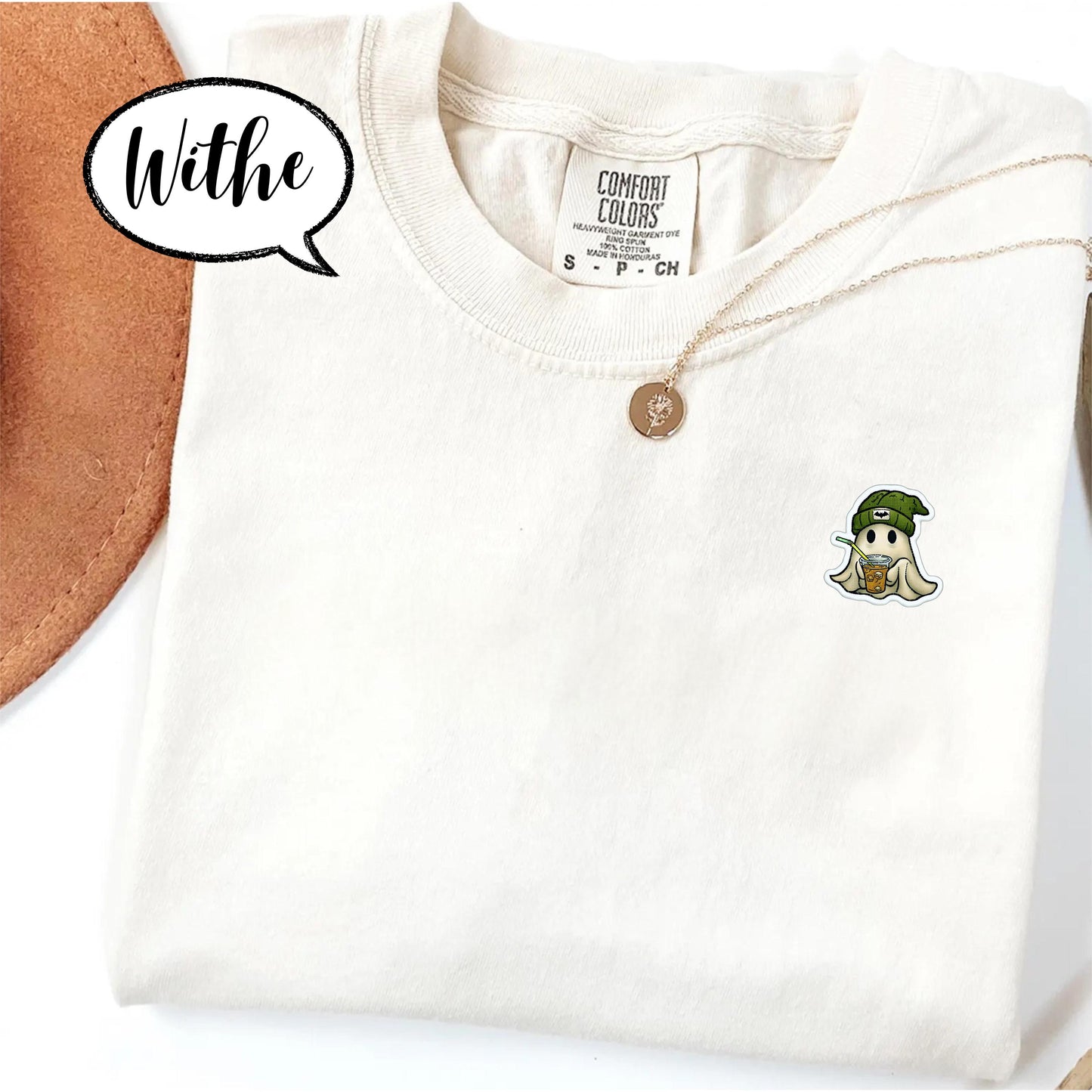 Confort Colors® Embroidered Ghost Shirt, Minimal Halloween T Shirt, Cute Coffee Ghost Pocket Top, Spooky Season Tee, Fall Graphic Shirt