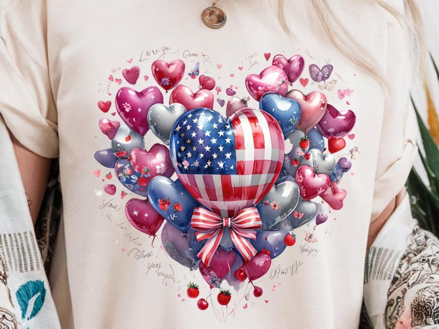 Love Heart Balloons and Fruit Tee Cute Valentine's Day Shirt Love T Shirt Romantic Italian Tee Heart Shape Balloons Shirt Love Letter