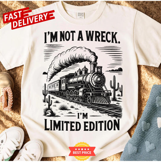 Retro humor t-shirt with vintage train, I'm not a wreck quote, unisex oversized tee for sarcastic gift lovers