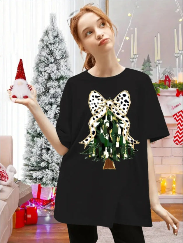 Women'S Christmas Tree Graphic T-Shirt, Casual Sports Crew Neck,  Summer Regular Fit, Holiday Pattern Tee