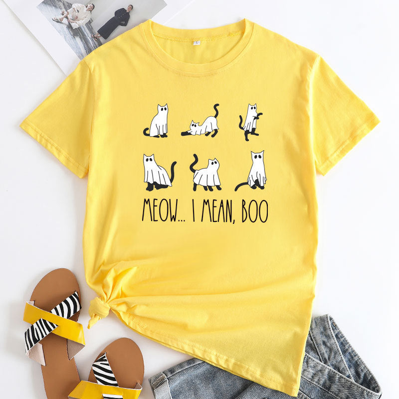 Large Size Loose Halloween Cat Print Cotton Short Sleeve