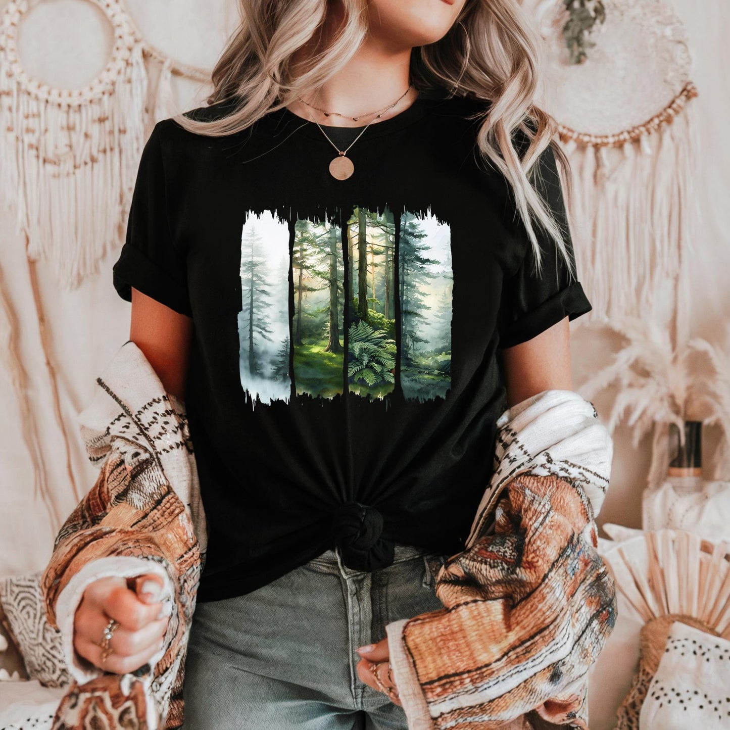 Enchanted Misty Forest Tee, Organic Woodland Landscape T-Shirt, Unisex Nature Graphic Shirt, Outdoors Lover Gift, Hiking Apparel