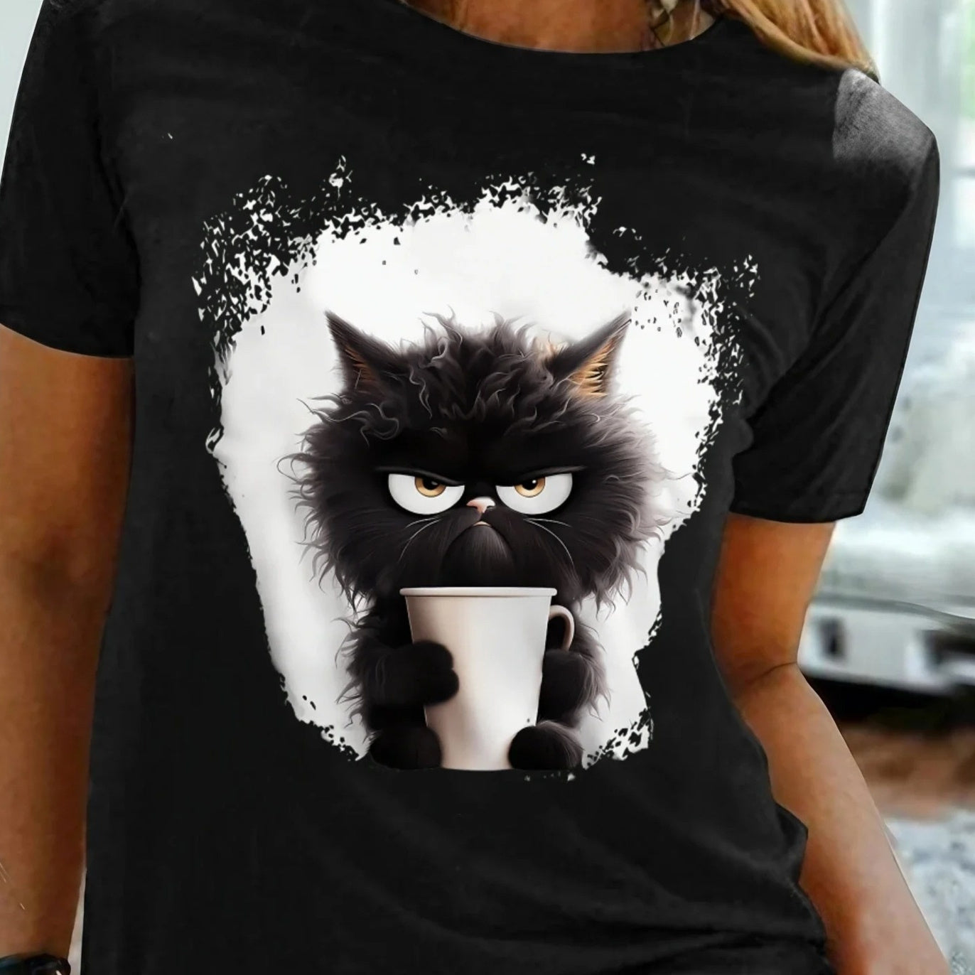 Women's T Shirt Tee Cat Daily Weekend Black Print Short Slee