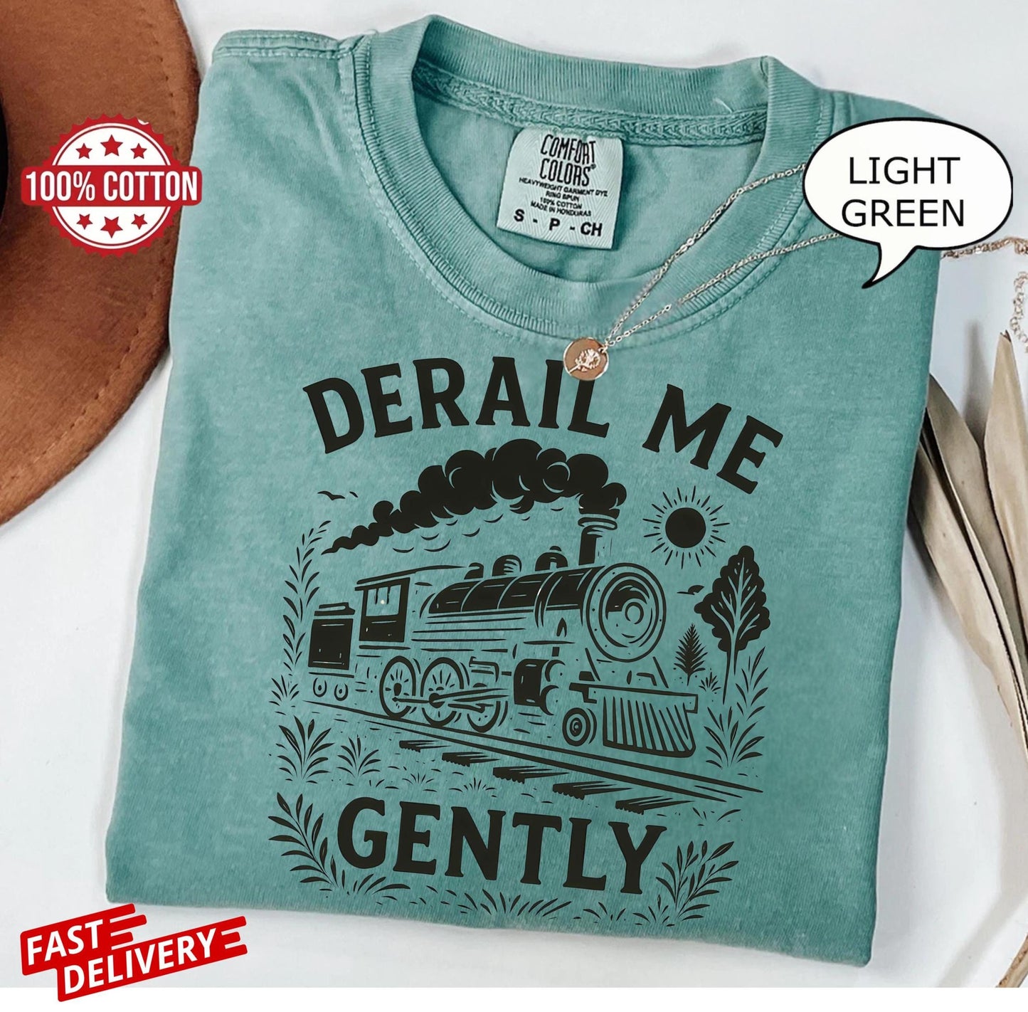 derail me gently train tee, alternative fashion shirt with retro humor, vintage locomotive art for adults who love quirky sarcasm