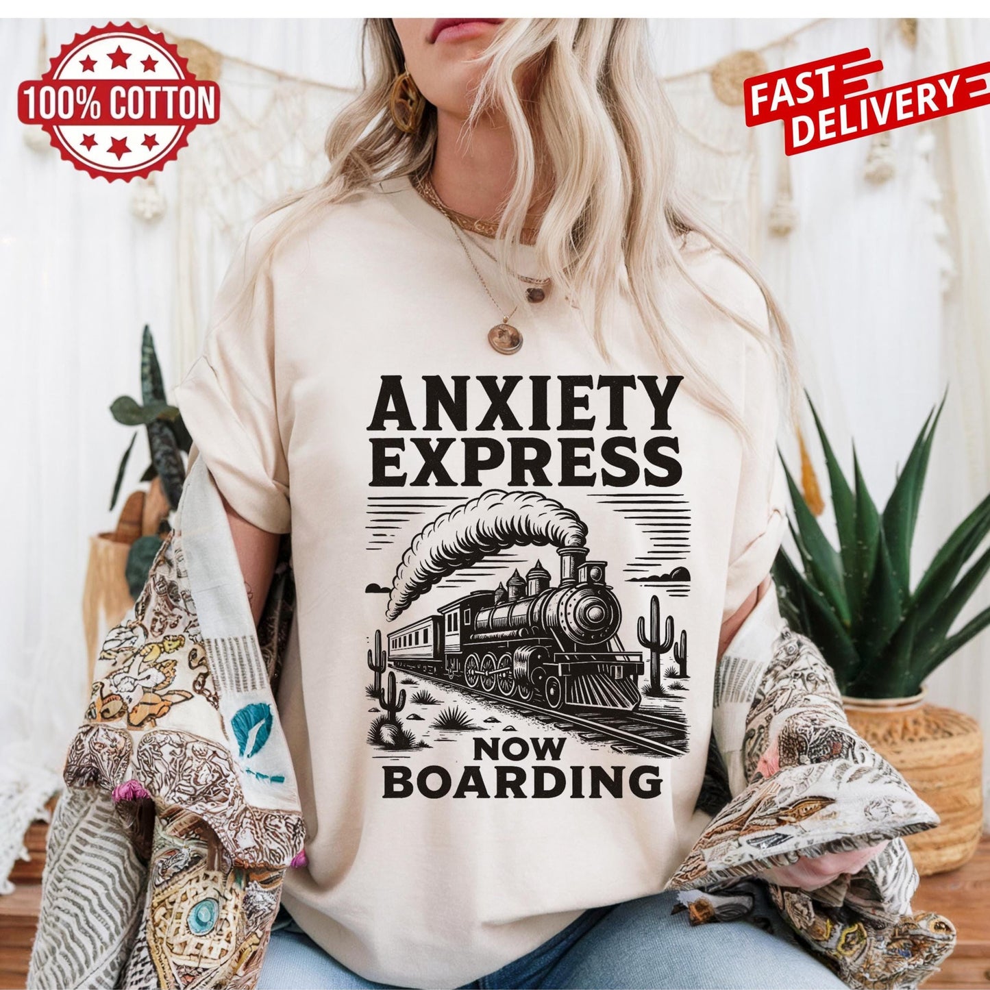 Sarcastic Anxiety Express train tee, mental health humor shirt, bold quote gift idea, retro oversized unisex t-shirt