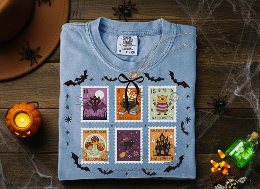 Comfort Colors Halloween T Shirt Pumpkin Orange Graphic Tee Spooky Stamps Bat Zombie Witch Haunted House Ghost Cat Potion Skeleton Gift