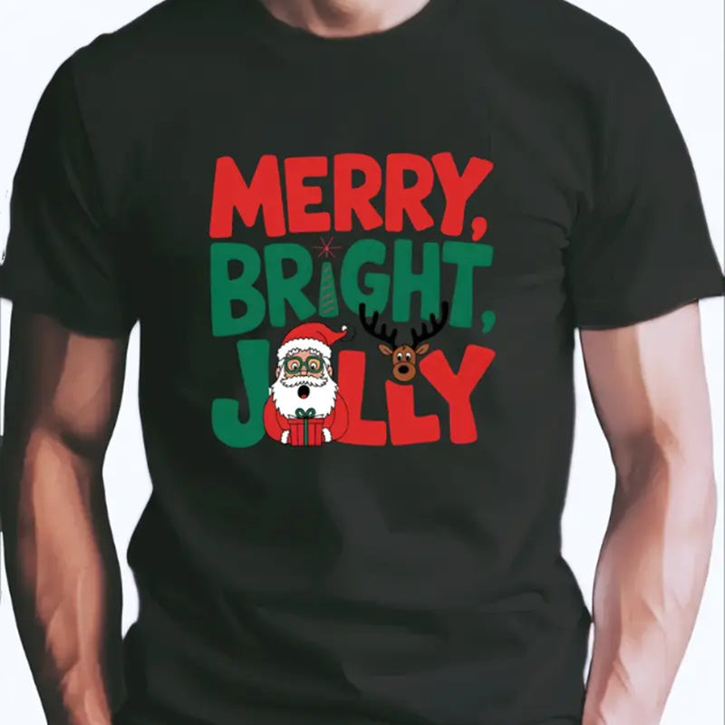 Men'S Christmas T-Shirt - Merry Bright Jolly Santa & Reindeer Print, Cotton Crew Neck, All-Season Casual Tee With Slight Stretch