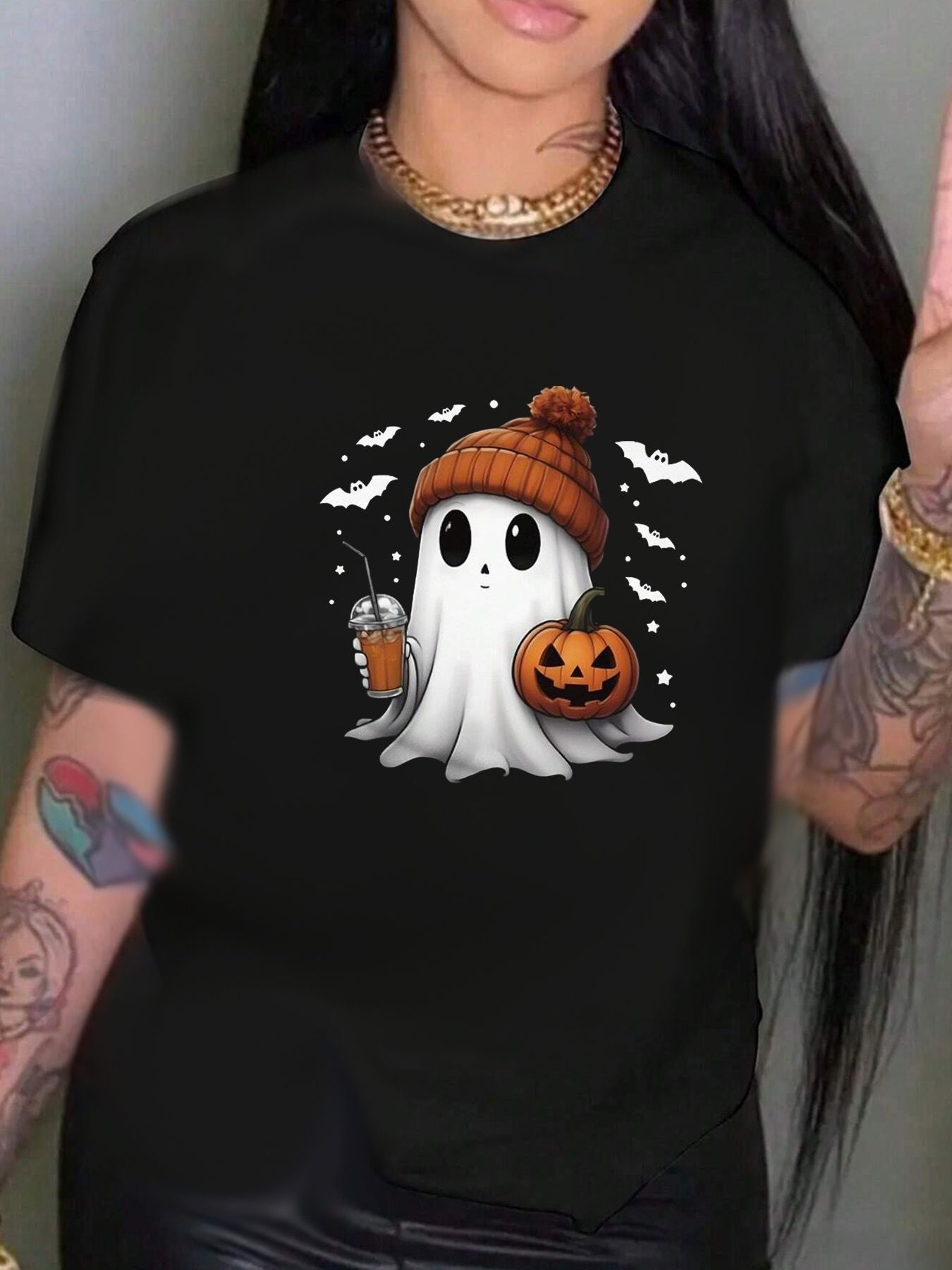 Women's Round Neck Halloween Pumpkin Print Short Sleeve