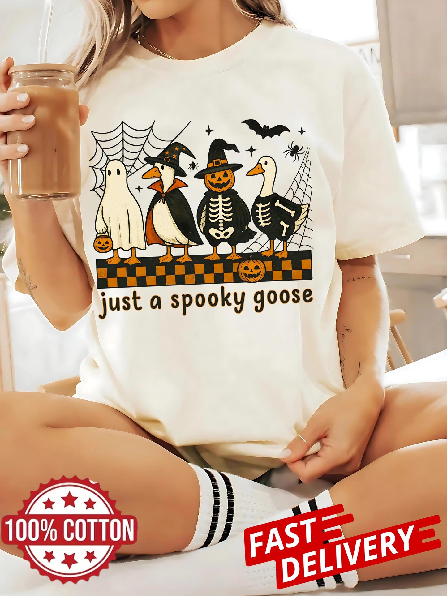 Funny Goose Skeleton Witch Pumpkin Ghost Shirt Spooky Goose Halloween Tee Cute Horror Shirt Just a Spooky Goose Fall Sublimation