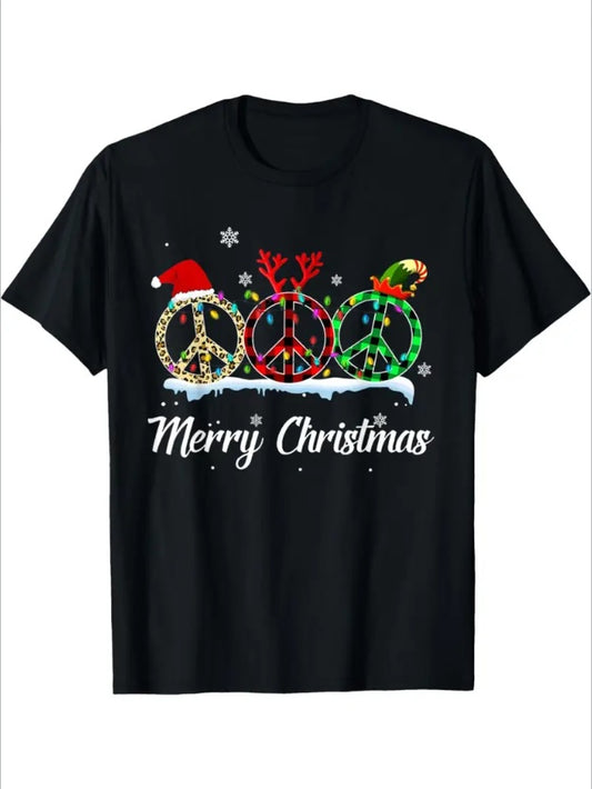 Merry Christmas T-Shirt For Men - Casual Style Cotton Tee With Hippie Peace Sign, Santa Hat, And Reindeer Print - Round Neck, High Stretch, Knit Fabric - Suitable For All Seasons