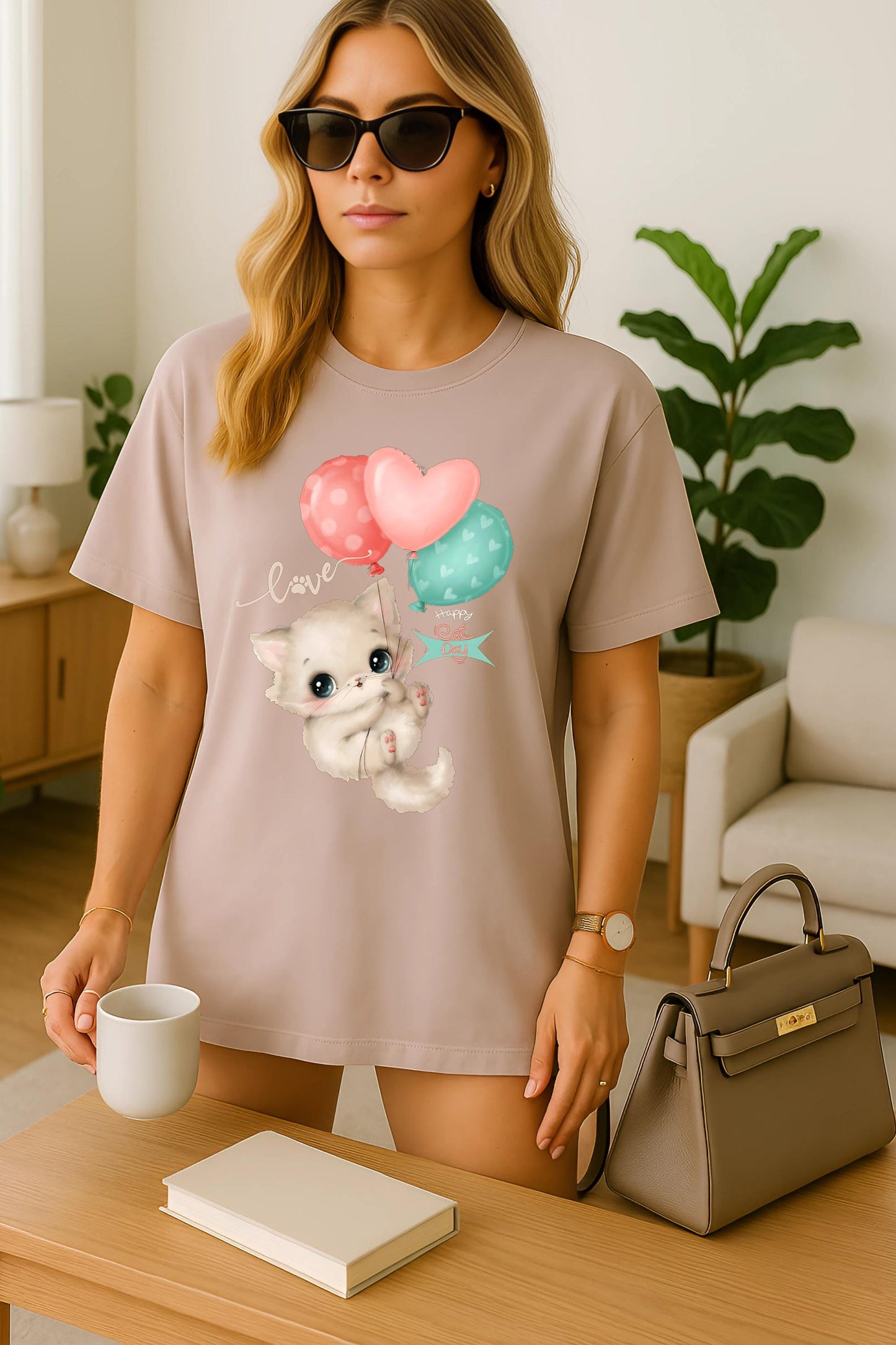 Cute Cat Balloon T Shirt Kawaii Cat Lover Gift Unisex Cotton Tee For Women And Men Pet Lovers Graphic Top Funny Kitty Birthday Party Outfit