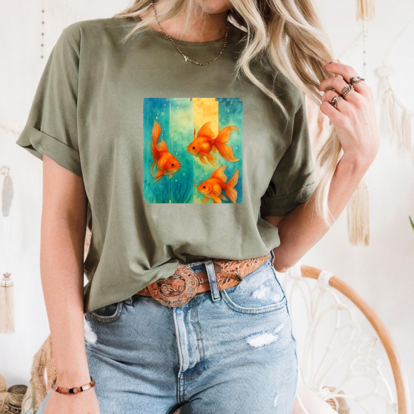 Unisex Heavy Cotton T Shirt Colorful Goldfish Art Tee Aquatic Lovers Gift Fish Enthusiasts Casual Wear Unique Fish Graphic Top Apparel