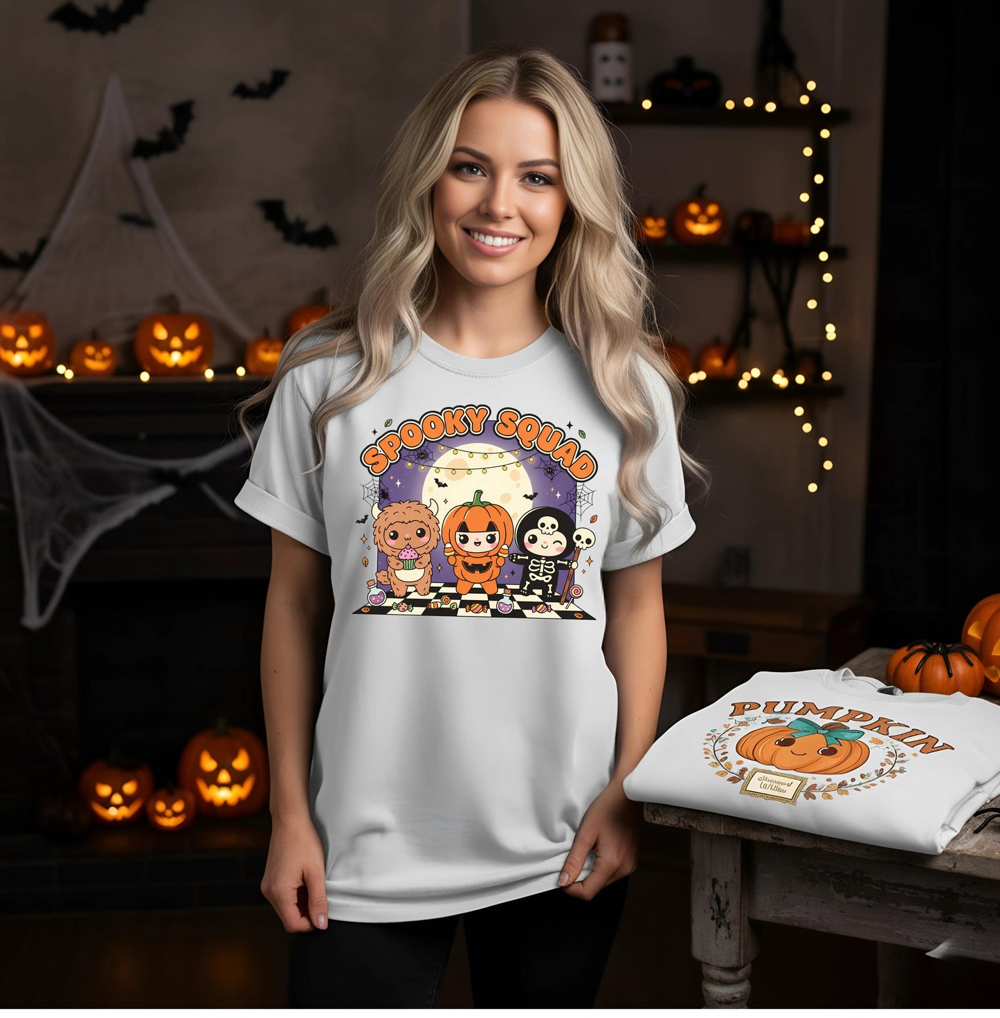 Spooky Squad Halloween Shirt Cute Kawaii Pumpkin Skeleton Monster Graphic Tee Unisex Trick Or Treat Gift Labubu Shirt Halloween LaBubu Bunny