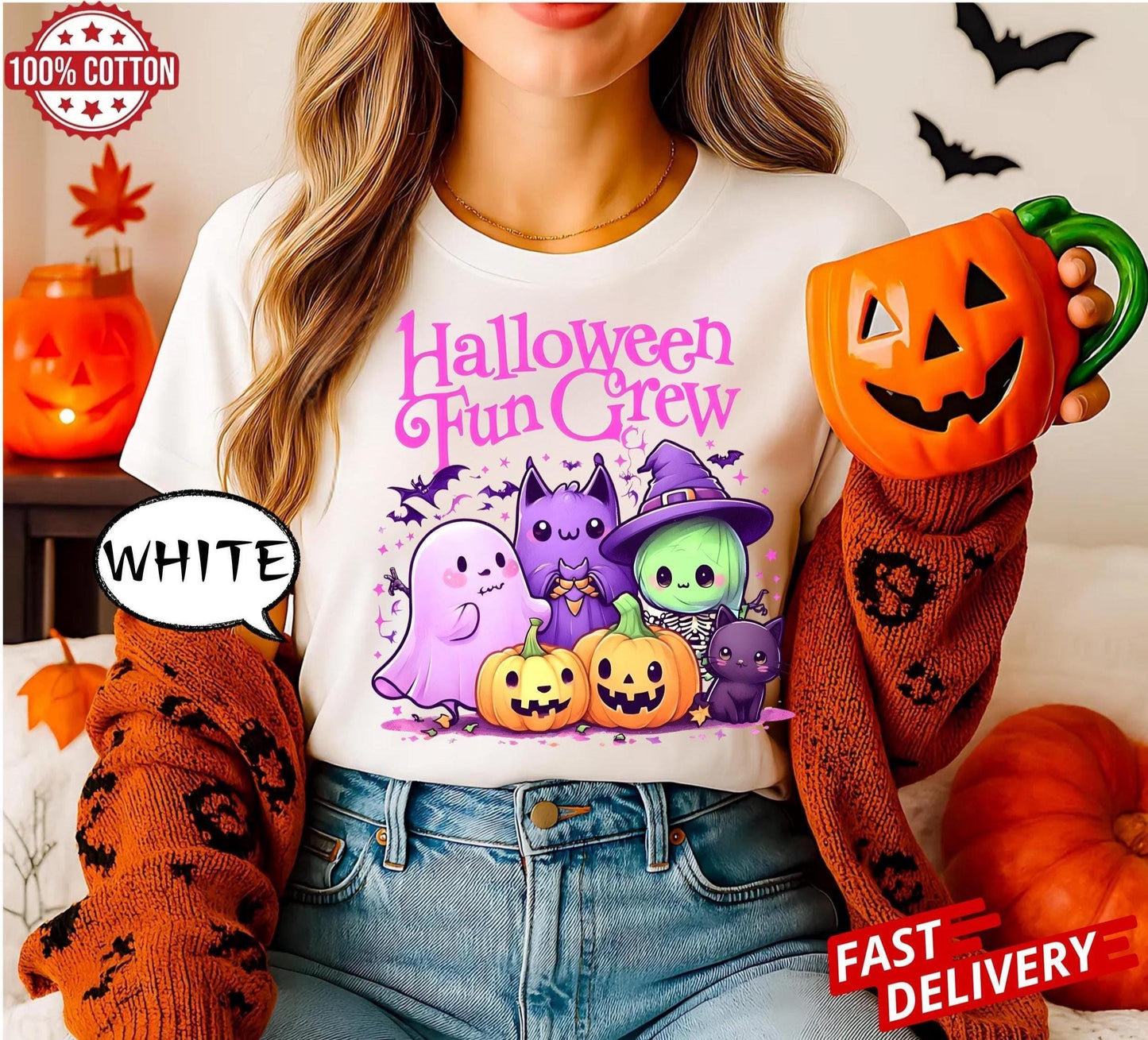 Comfort Colors Halloween Shirt,Cute Spooky Season Tee with Ghost Bat Witch Cat Pumpkins ,Kawaii Fall Graphic Top, Autumn Party Outfit