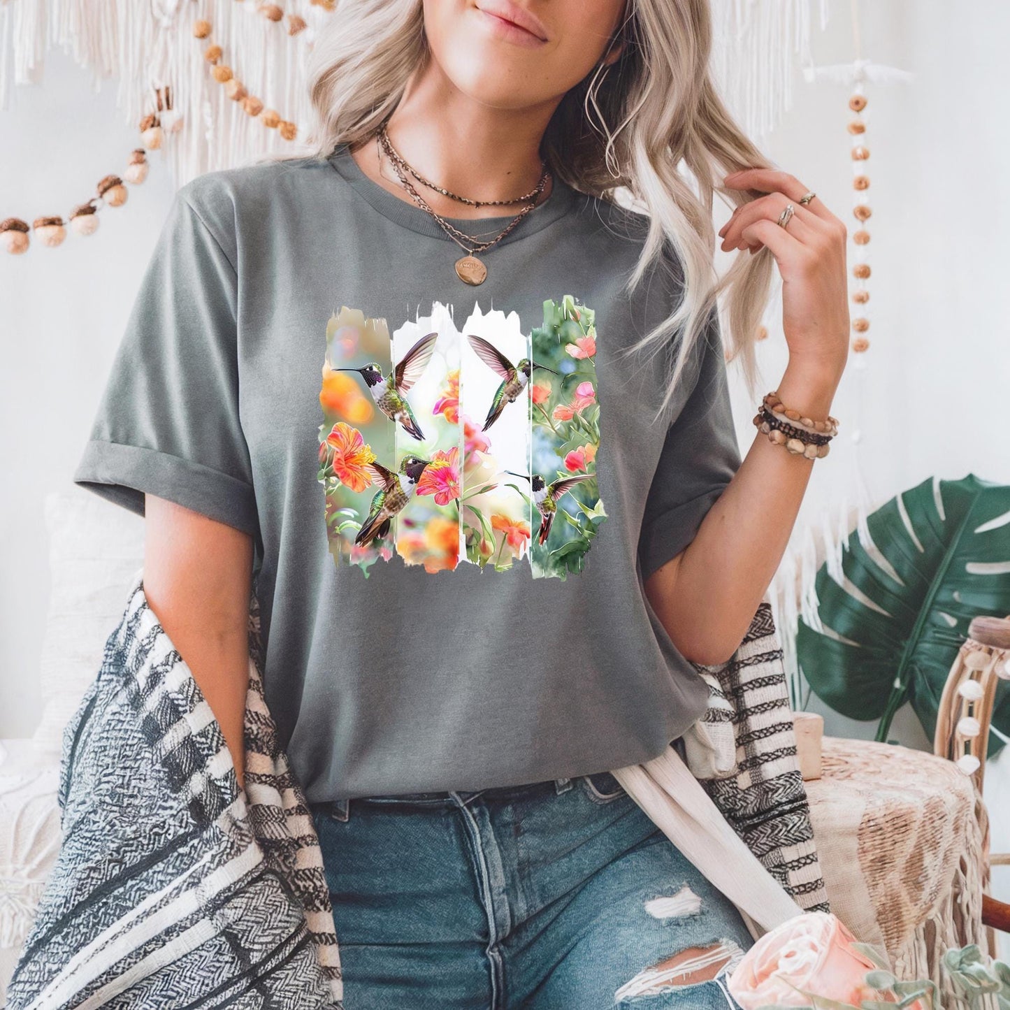 Floral Hummingbird T-Shirt, Nature Lover Tee, Gift for Gardeners, Spring Apparel, Eco-Friendly Style, Vibrant Bird Art T-Shirt