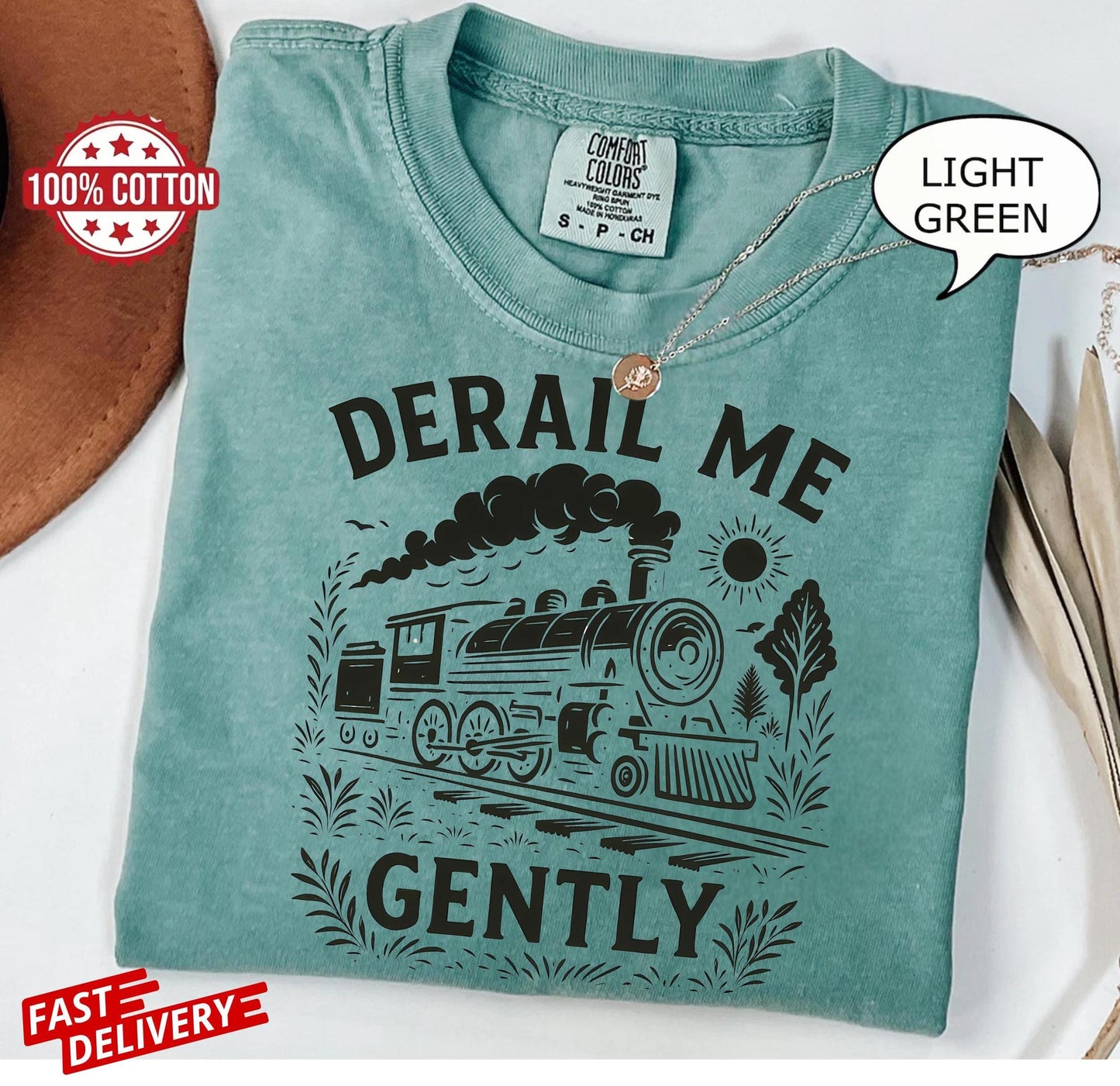 train lovers graphic tee with derail me gently quote, unisex soft t-shirt featuring vintage locomotive art and retro sarcastic humor