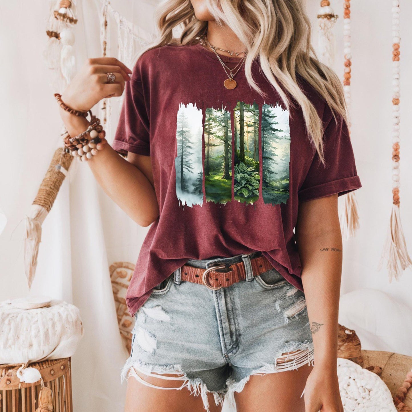 Enchanted Misty Forest Tee, Organic Woodland Landscape T-Shirt, Unisex Nature Graphic Shirt, Outdoors Lover Gift, Hiking Apparel
