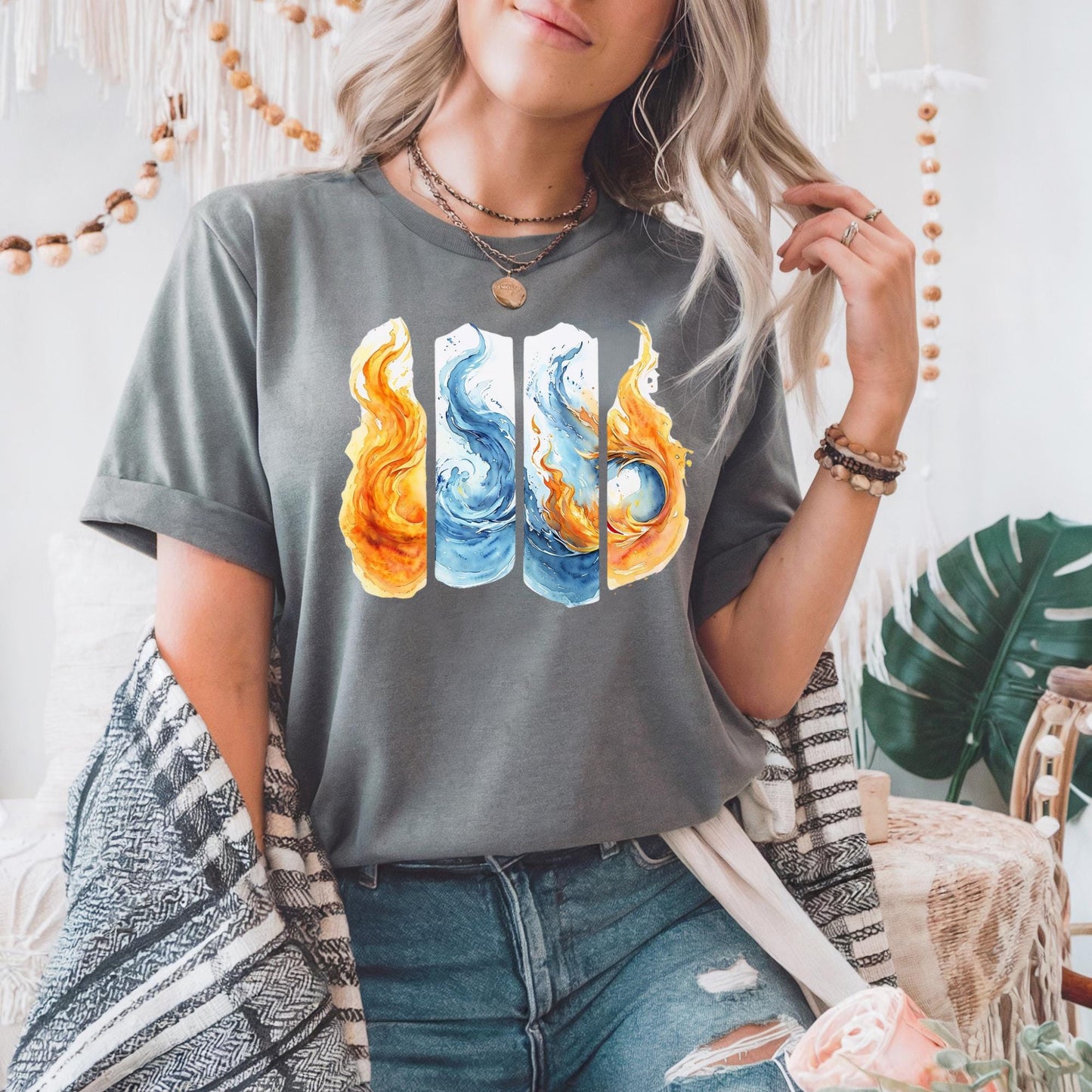 Colorful Flame Graphic Unisex Heavy Cotton Tee, Elemental Fire & Water Graphic Tee, Casual Summer Wear, Artsy Shirt, Gift for Fire Lovers