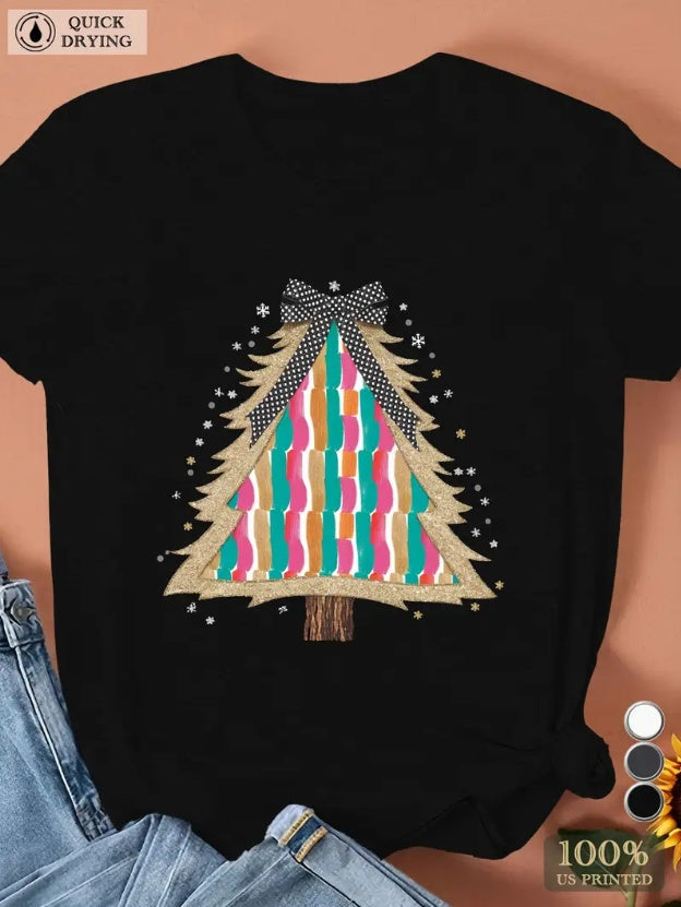 Women's Plus Size Christmas Tree Graphic Tee - Casual Short Sleeve, Round Neck,Machine Washable